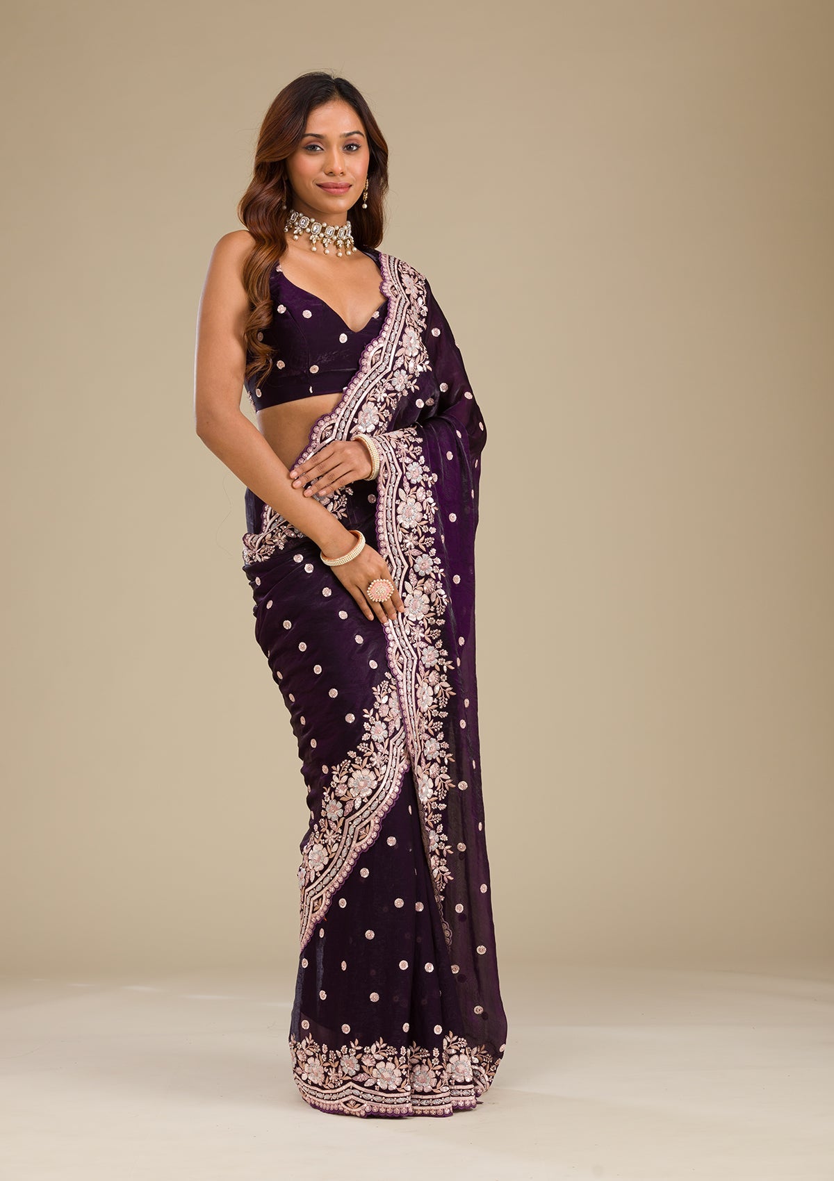 Koskii Purple Sequins Semi Crepe Saree – Women's - view 4