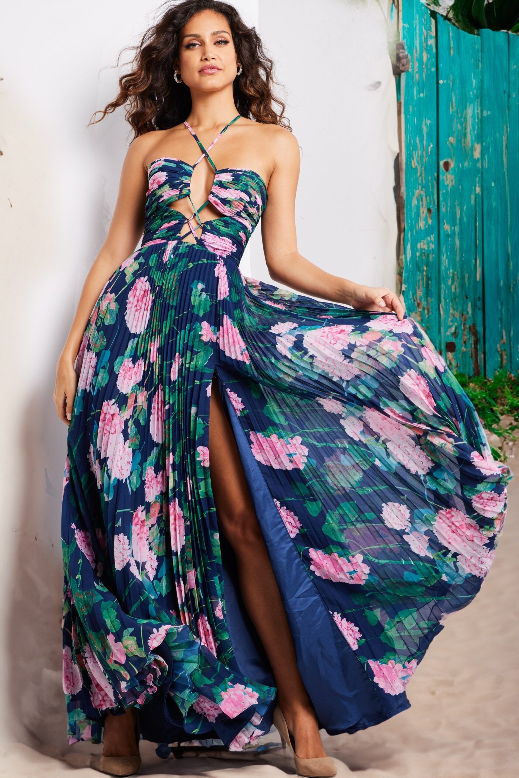 Floral Print Halter A-line Slit Gown by Jovani 38638 - view 3