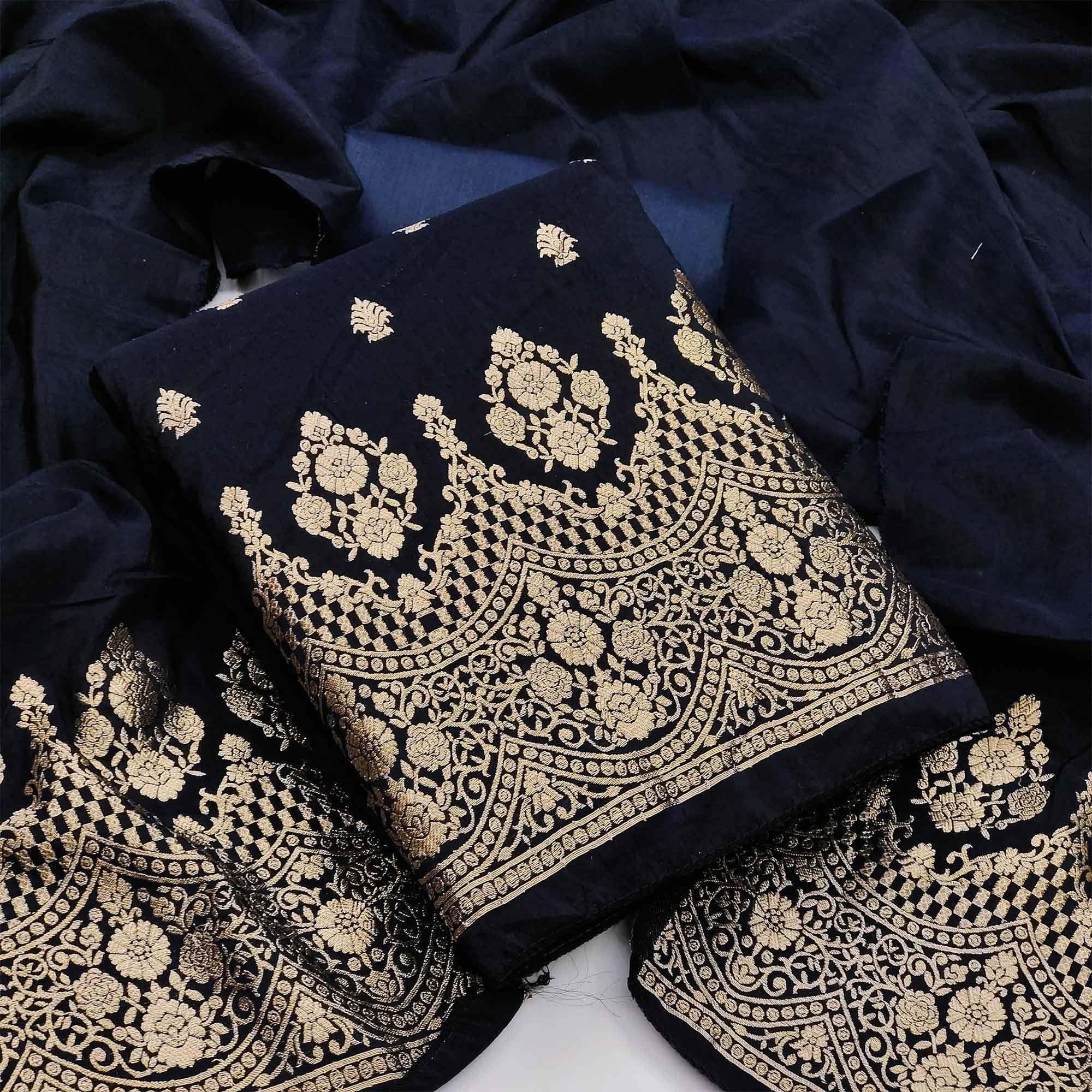 Peachmode Dark Navy Blue Festive Wear Embroidered Viscose Banarasi Dress Material
