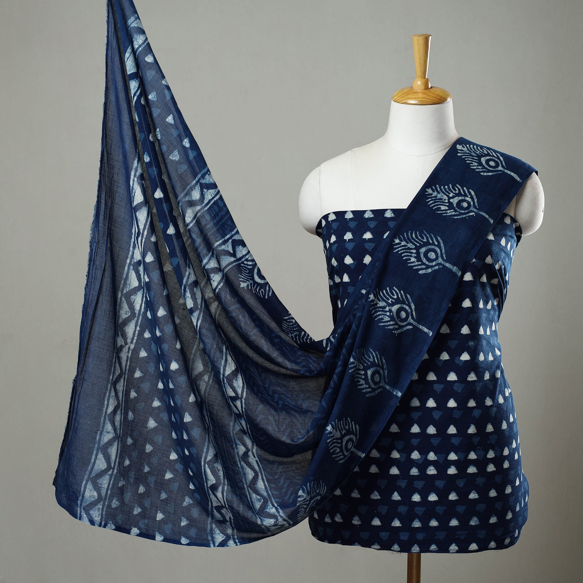 ARTISAN HAND BLOCK PRINTS Blue - 3pc Cotton Indigo Bagru Print Dress Material Set 17
