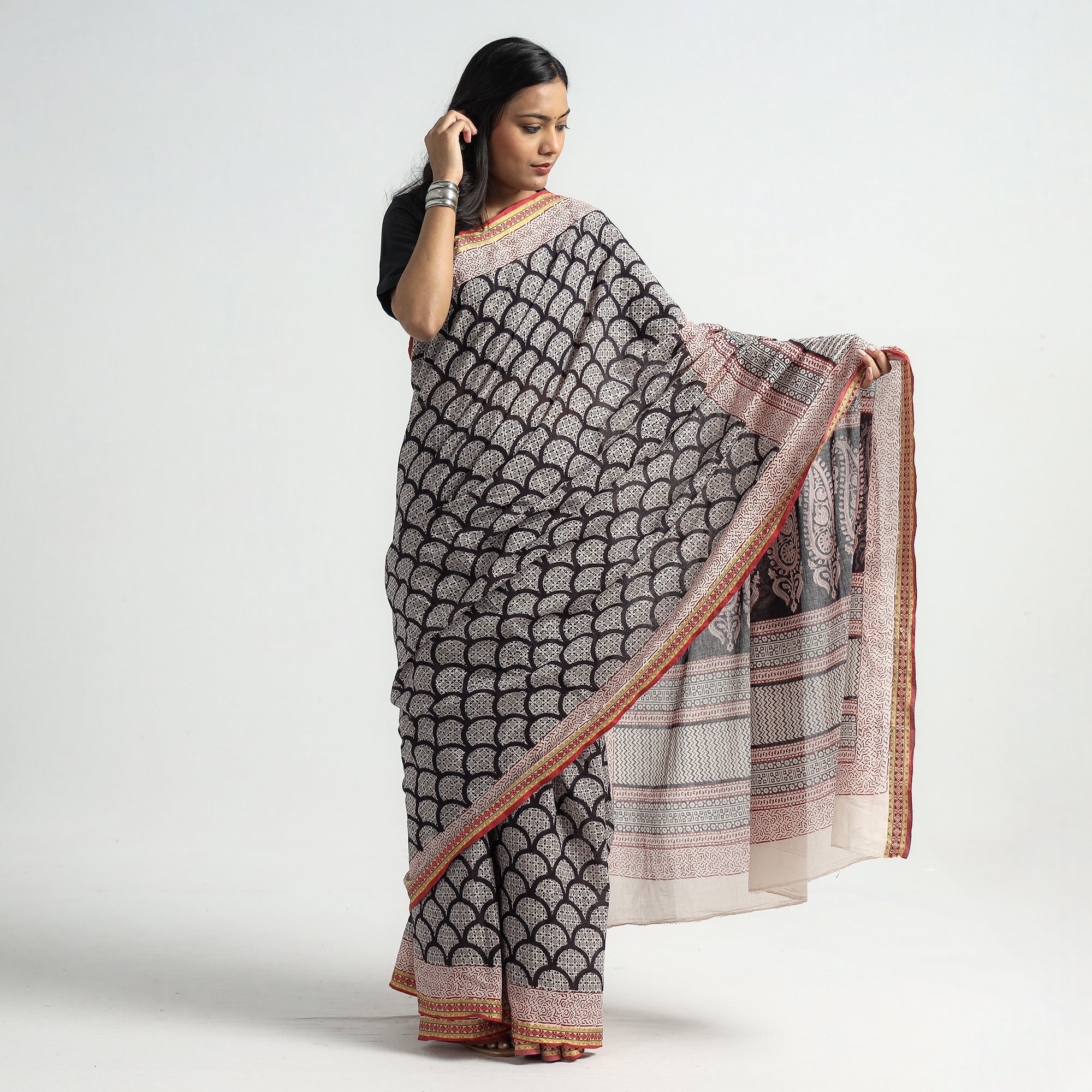 BAGH PRINTS BY MOHAMMED BILAL KHATRI Black - Bagh Hand Block Printed Natural Dyed Cotton Saree with Zari Border - view 3