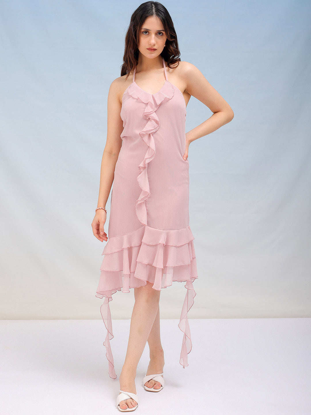 Freehand By The Indian Garage Co Women's Solid Fitted Halter Neck Ruffle Dress - view 9