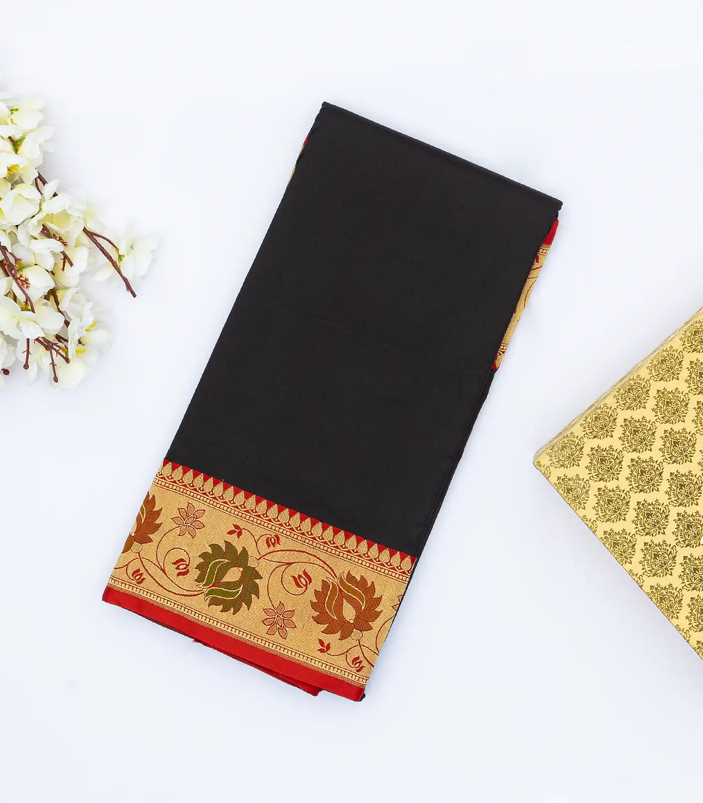RmKV Black Handloom Plain Banarasi Silk Saree With Red Border