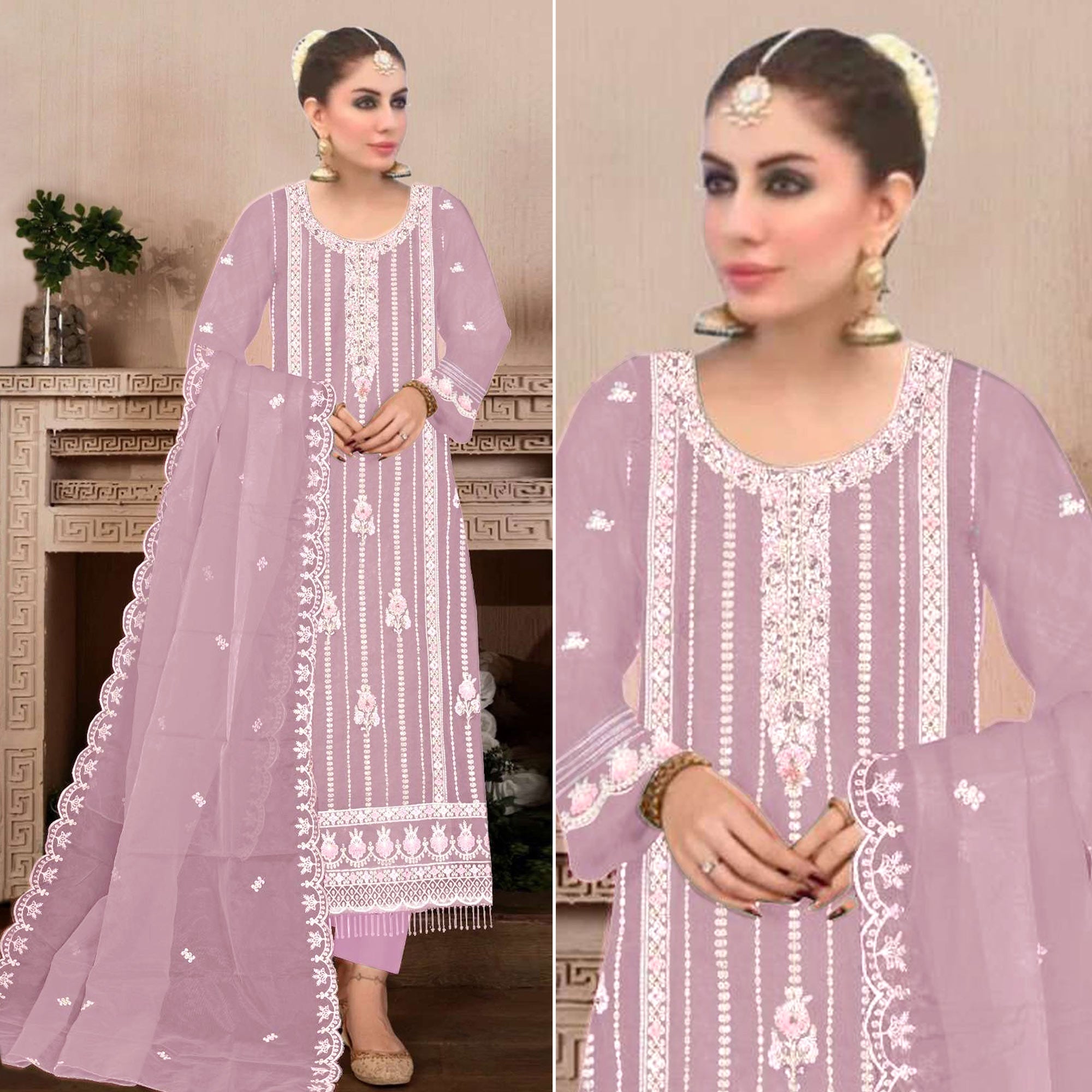 Peachmode Light Purple Floral Hand Embroidered Georgette Semi Stitched Pakistani Suit