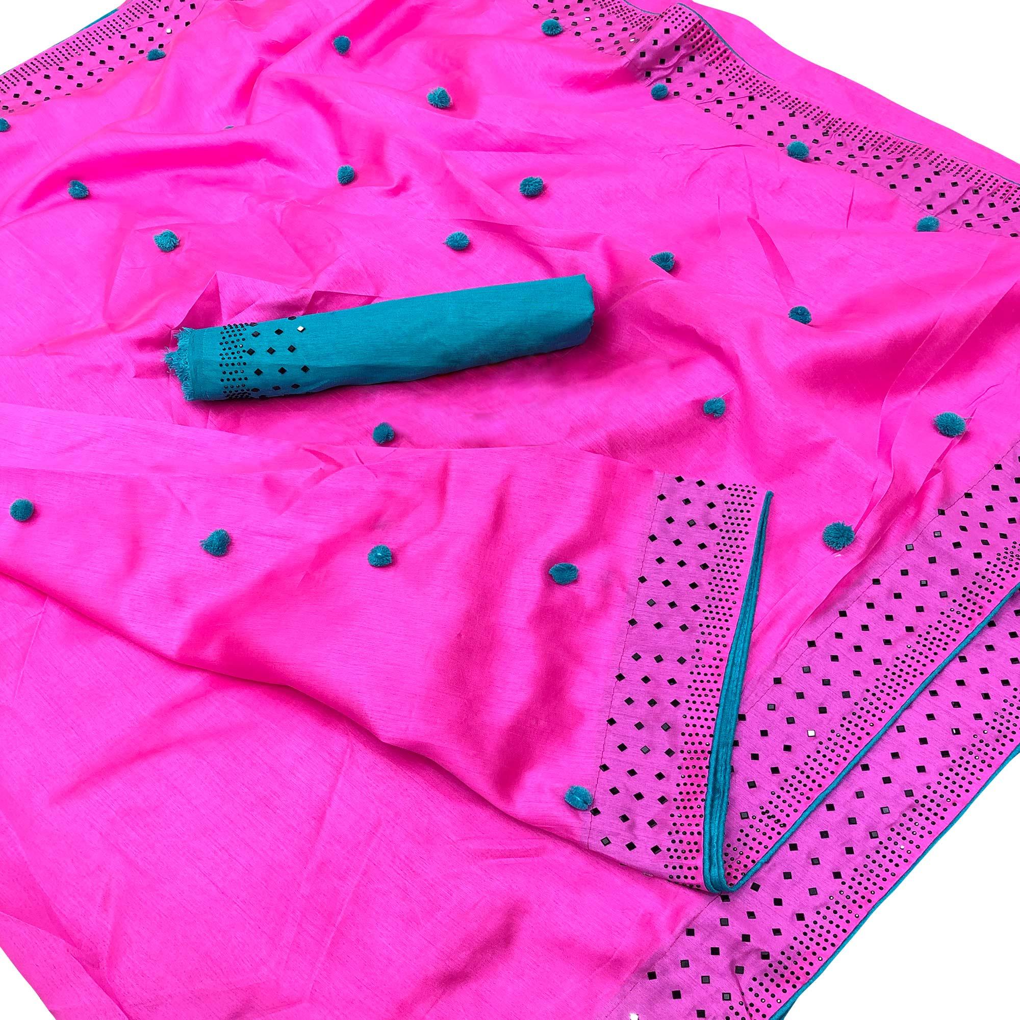 Peachmode Flamboyant Pink Colored Partywear Embroidered Art Silk Saree