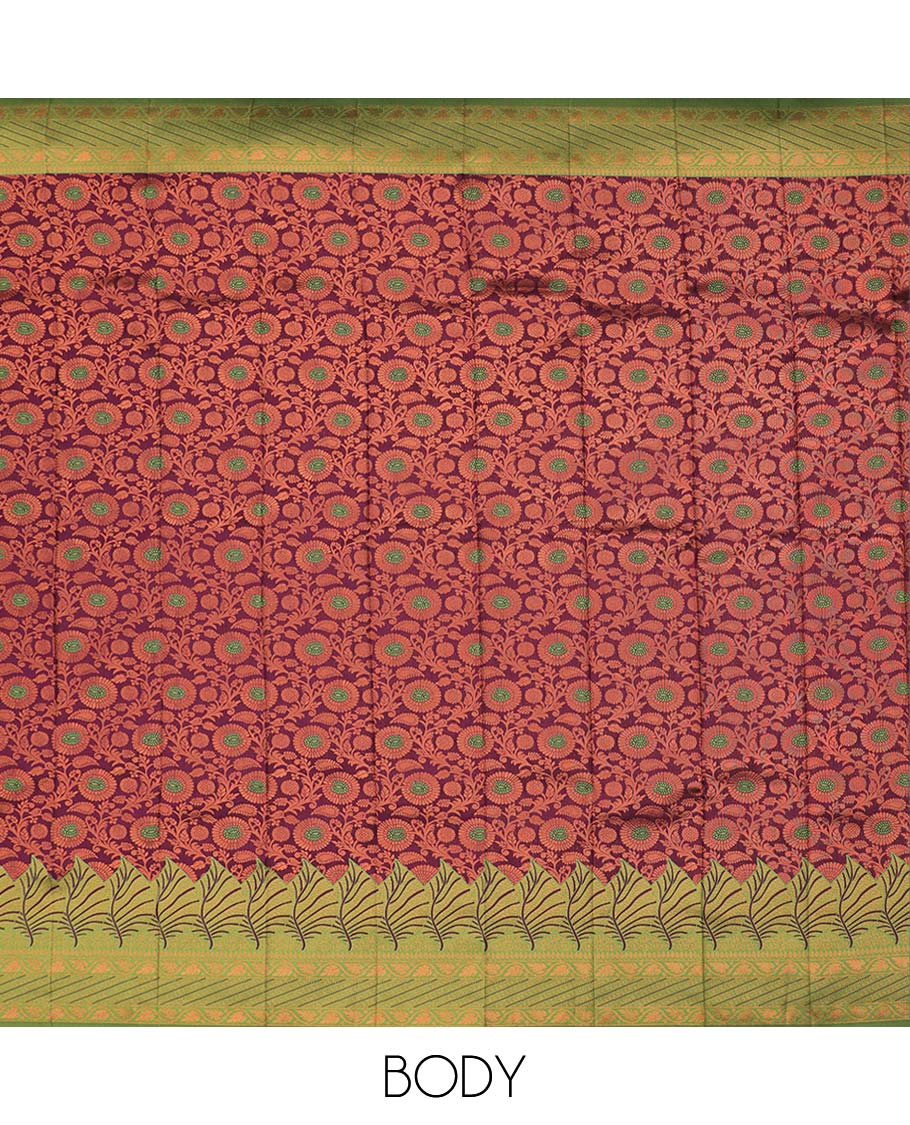 TheShoppothys Maroon Semi banaras jute cotton saree features floral vine, contrast zari design border & pallu of intricate designs - view 3