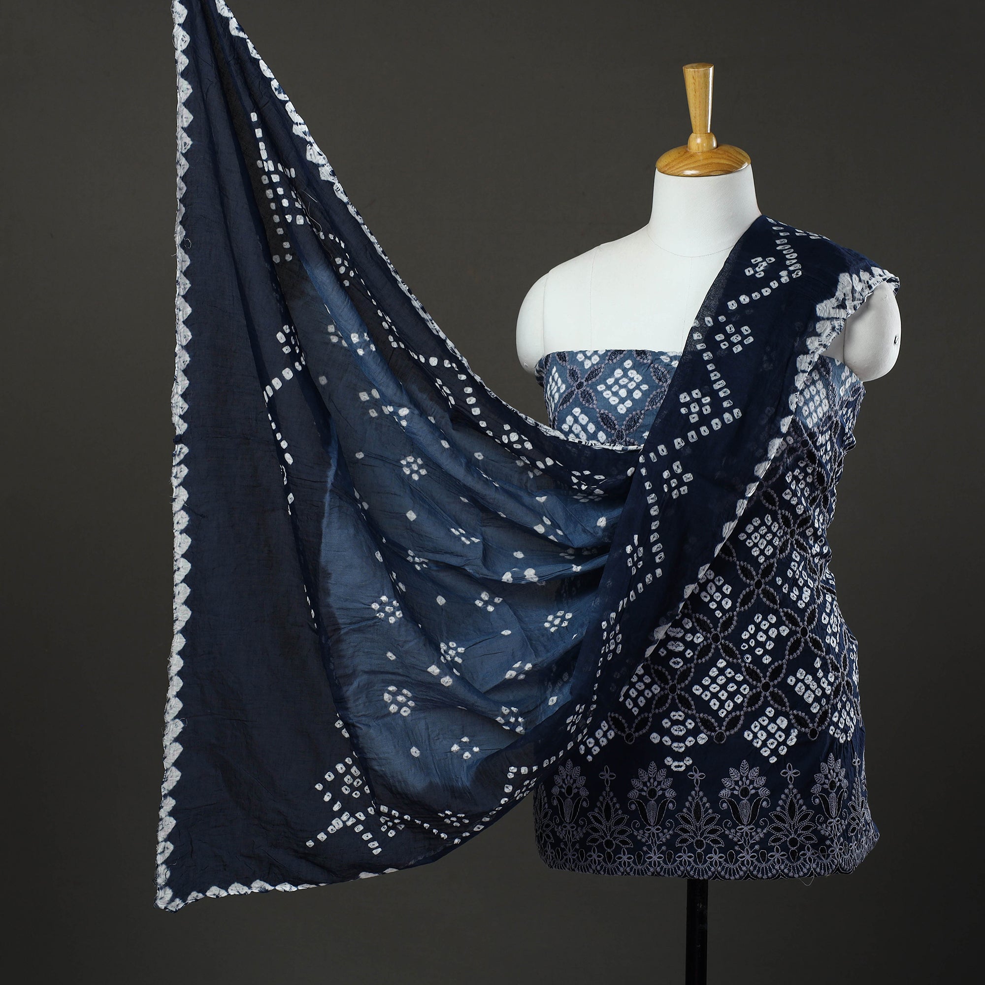 KACHCHH JI CHHAAP Blue - 3pc Tie & Dye Satin Cotton Bandhani Dress Material 59