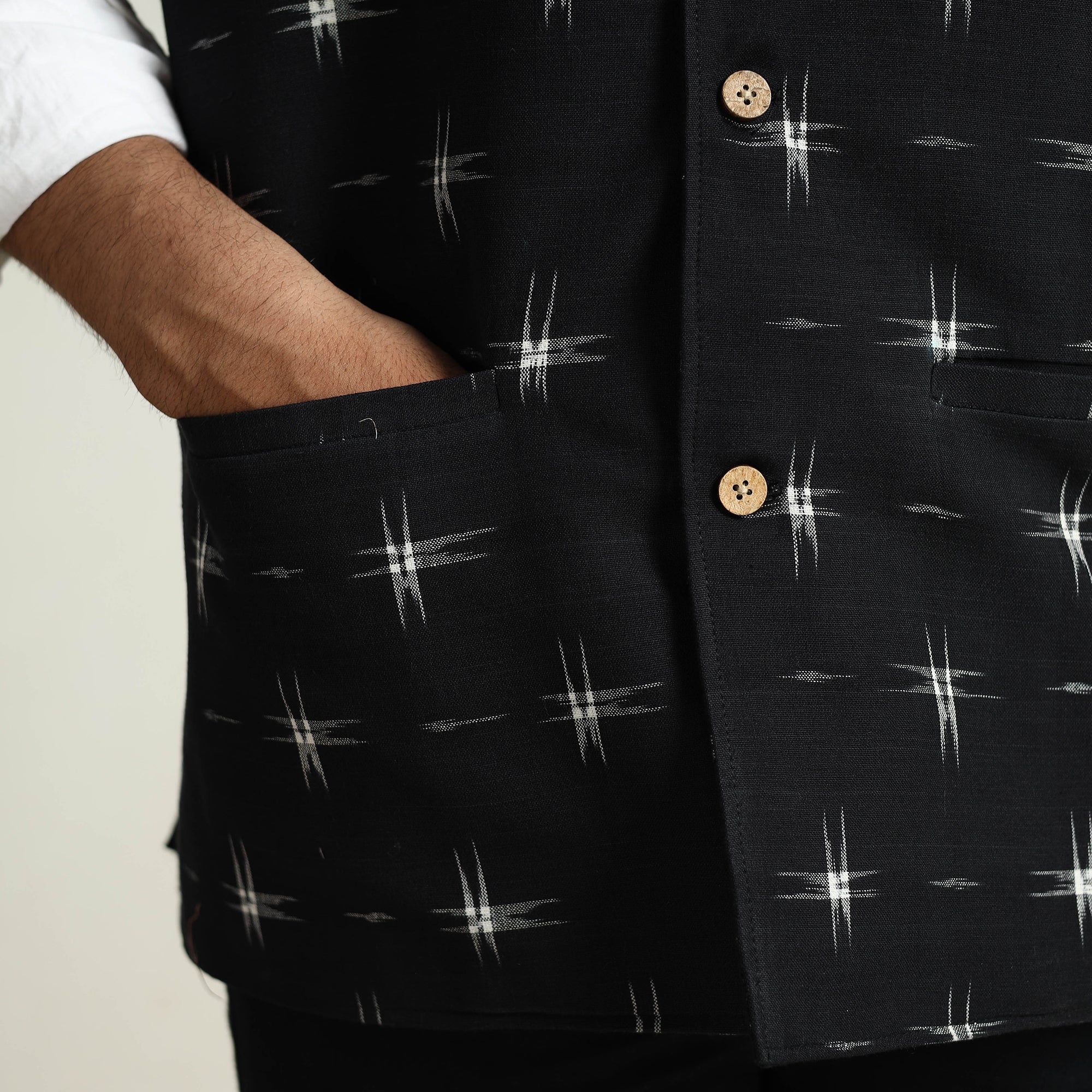 ITOKRI CASUALS Black - Pochampally Double Ikat Handloom Cotton Men Nehru Jacket 04 - view 8