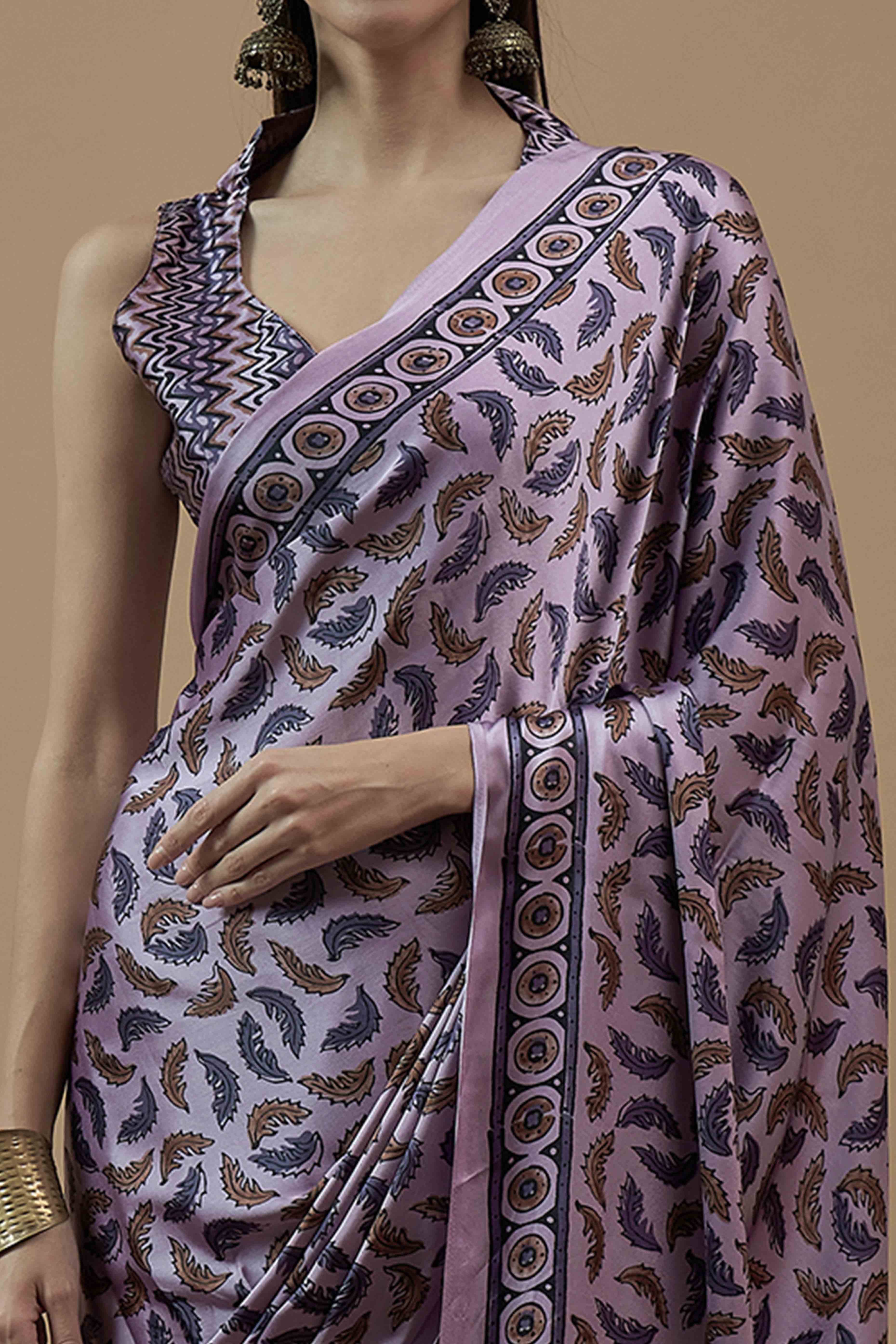 Peachmode Lavender Ajrakh Printed Satin Saree With Tassels - view 2
