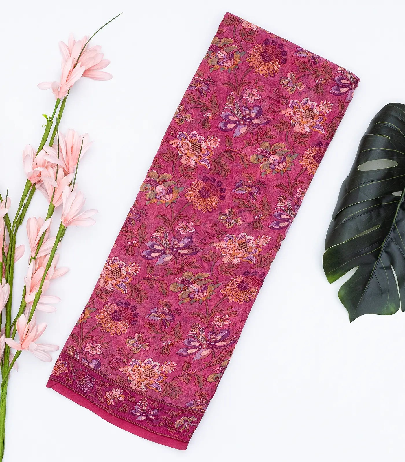 RmKV Pink Woven Digital Printed Chiffon Silk Saree With Floral Motifs
