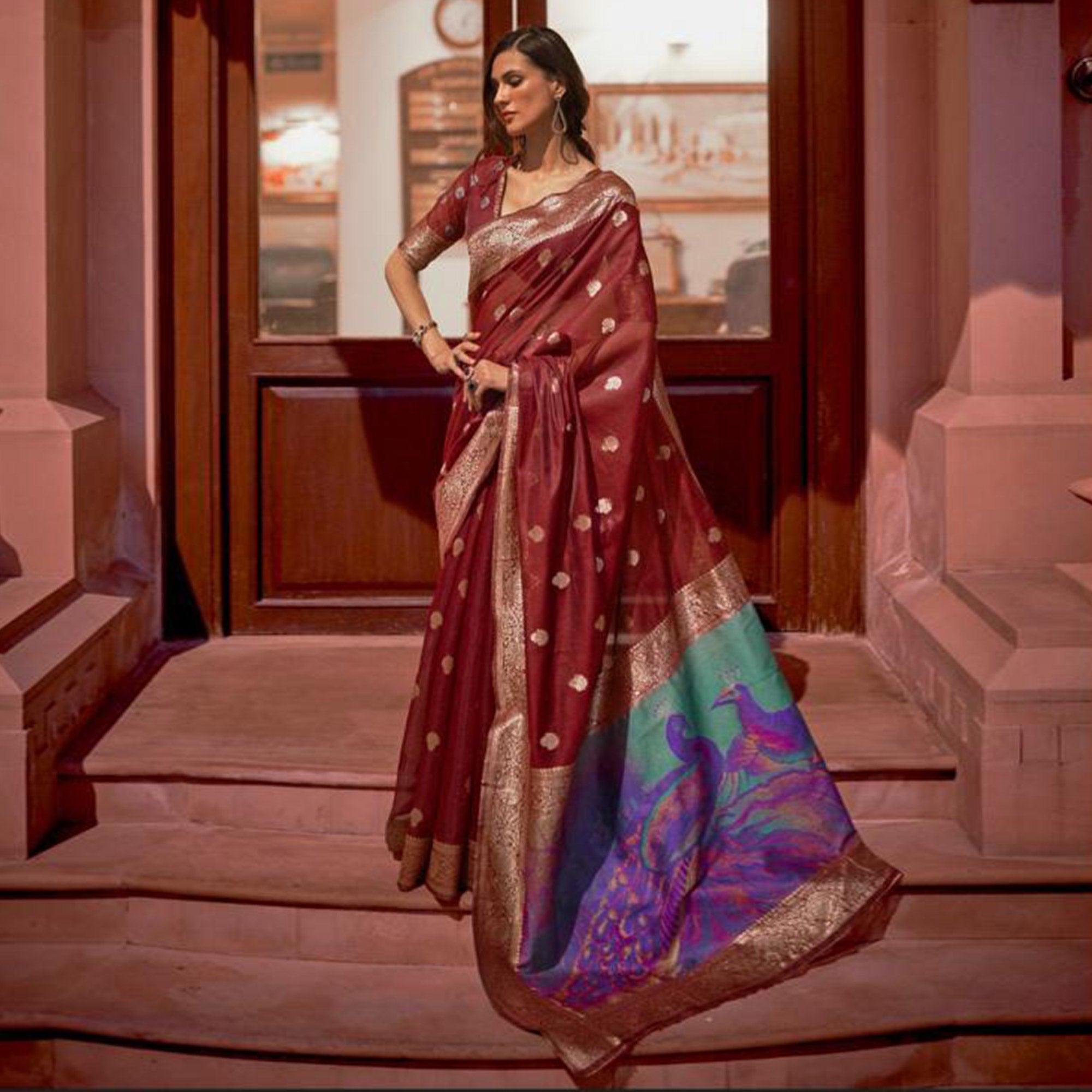 Peachmode Maroon Partywear Woven Silk Saree – Women's