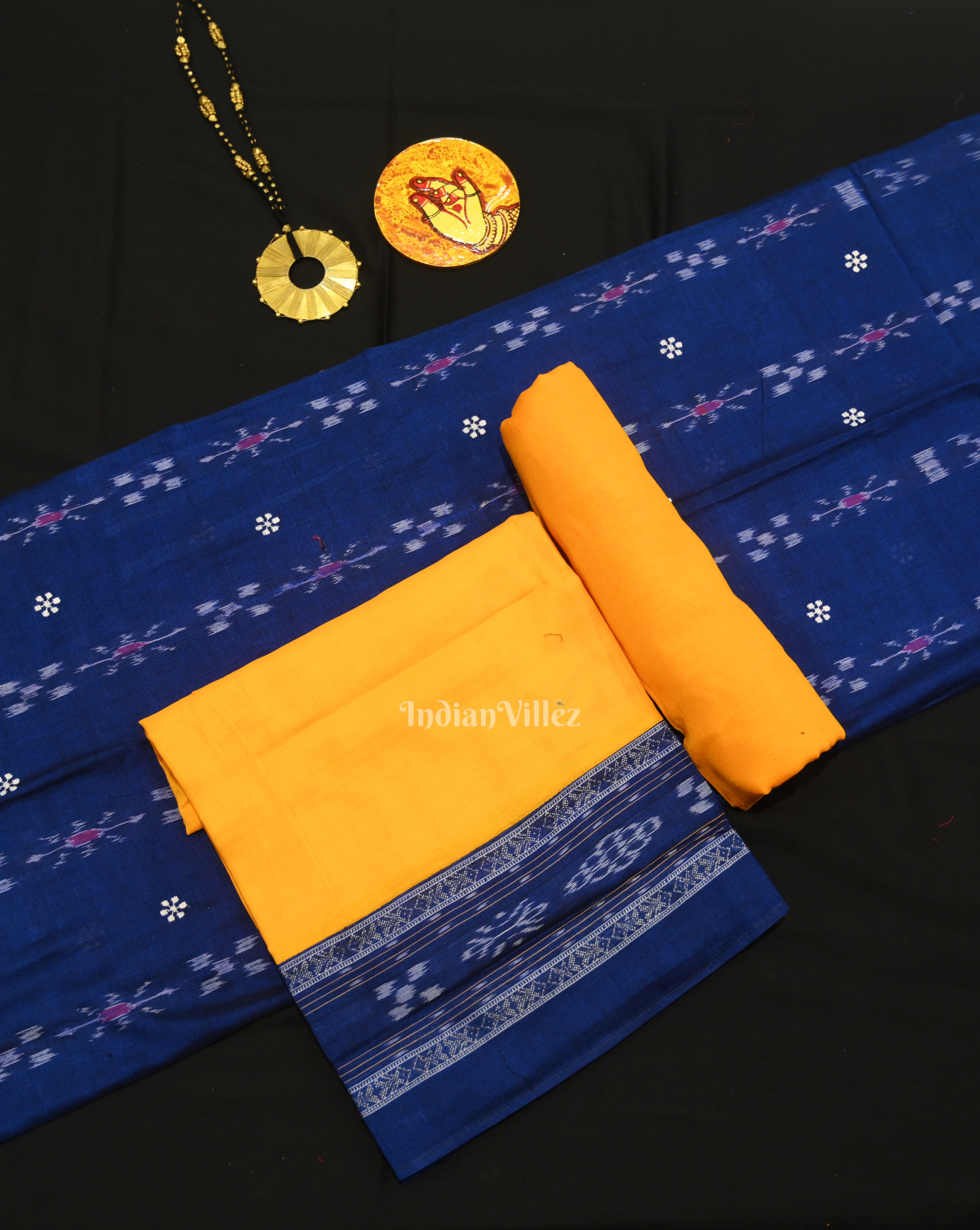 IndianVillèz Blue Yellow Flower Buti Odisha Ikat Sambalpuri Dress Set & Dupatta