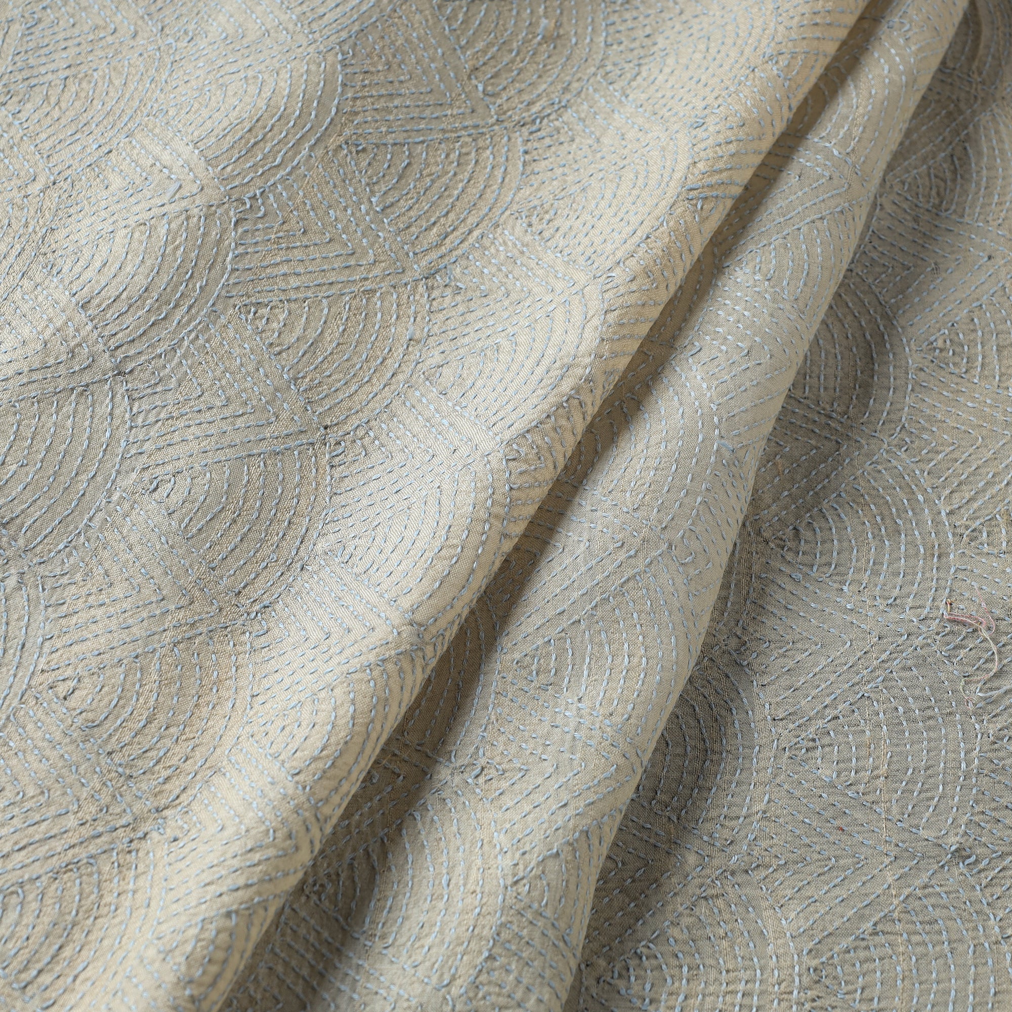 KHUSHBASH - HAPPY LOOM OF EAST Beige - Bengal Kantha Work Pure Tussar Silk Handloom Fabric - view 2