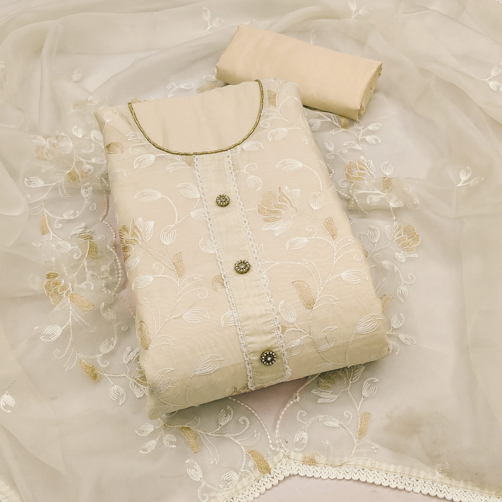 Peachmode Cream Floral Embroidered Chanderi Silk Dress Material