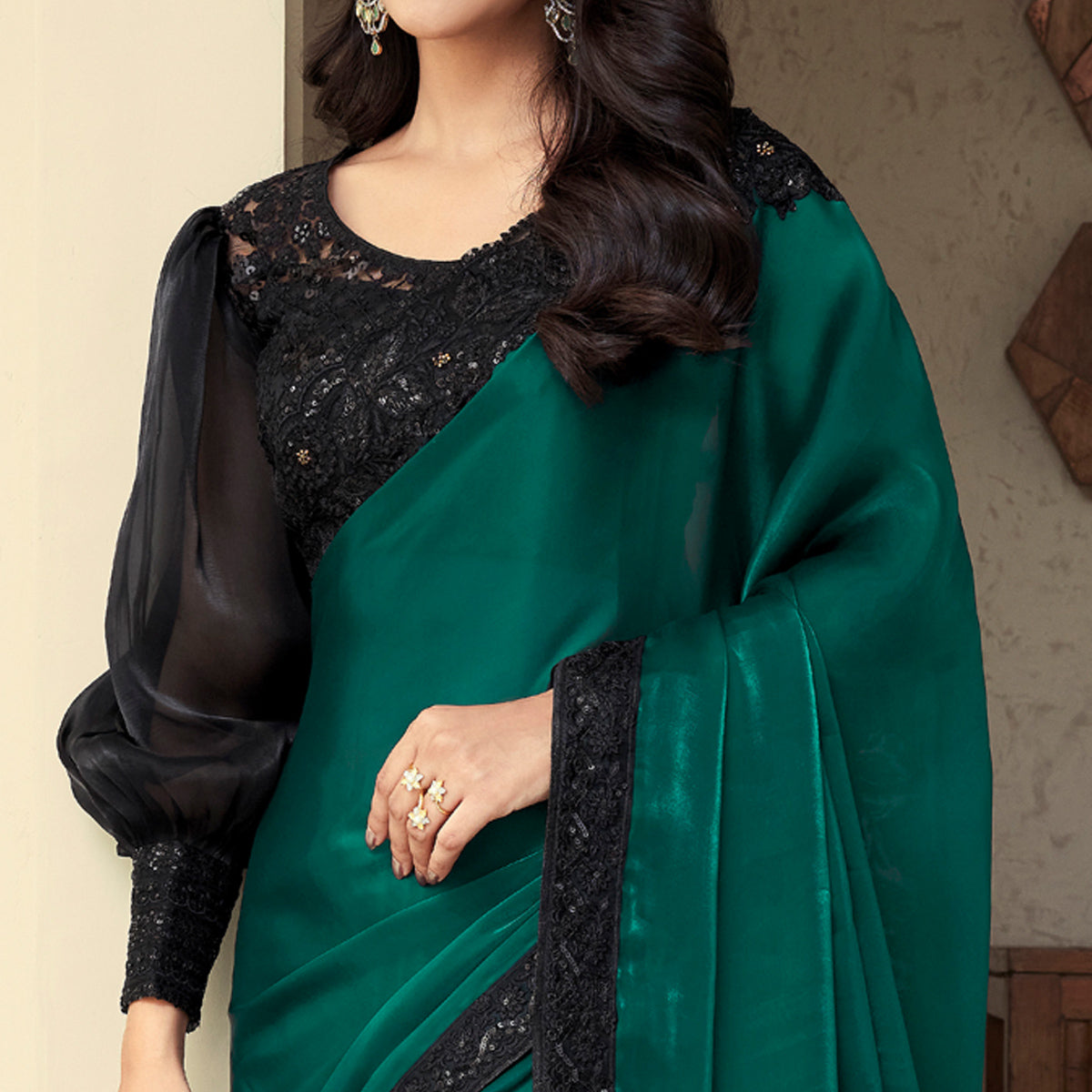 Peachmode Bottle Green Sequins Embroidered Georgette Saree - view 3