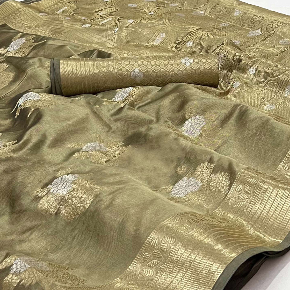 Peachmode Chikoo Woven Organza Saree – Women's - view 2