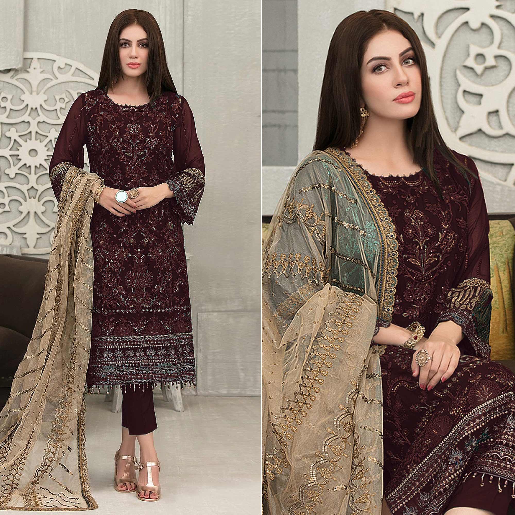 Peachmode Coffee Sequins With Floral Embroidered Georgette Pakistani Suit