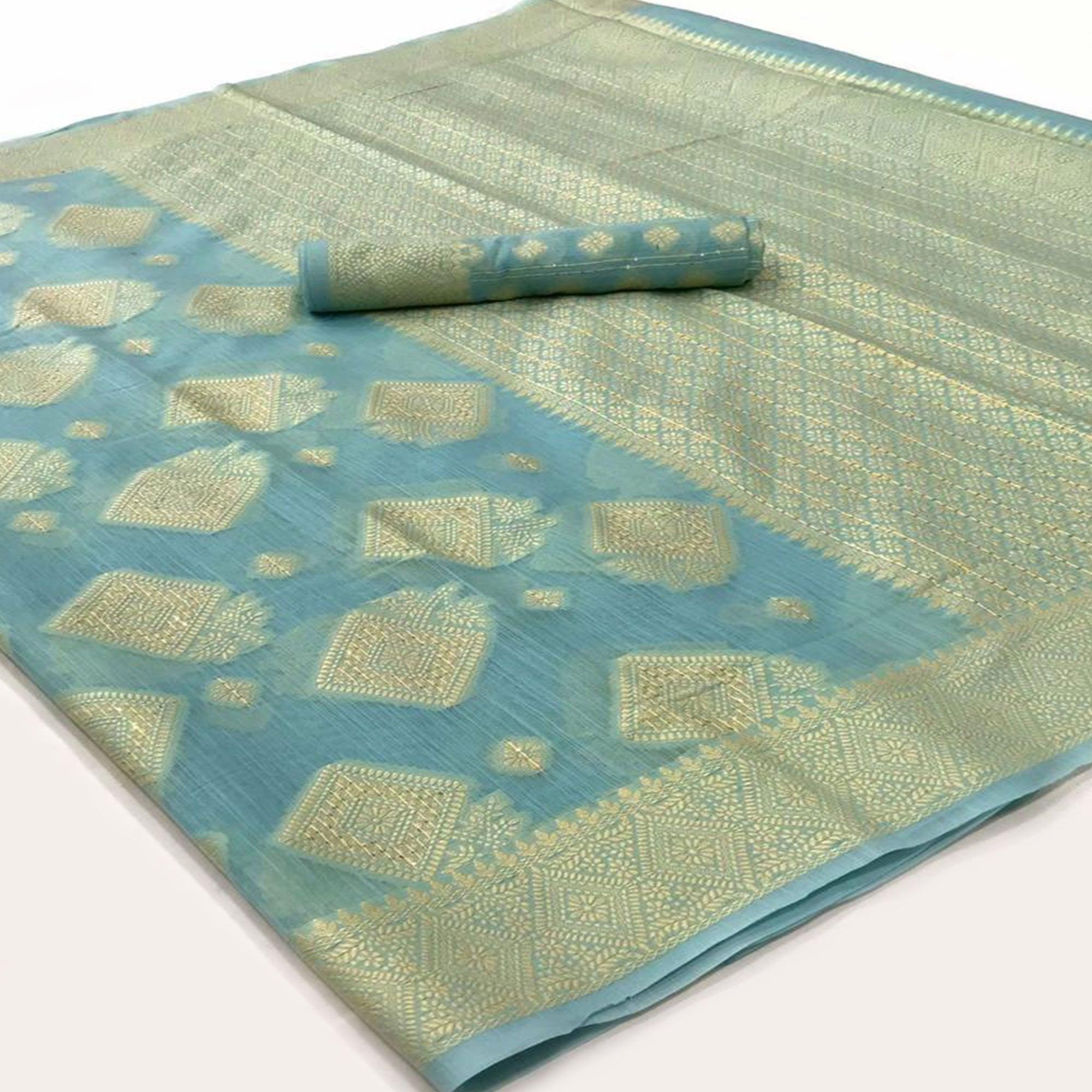 Peachmode Blue Woven-Sequins Handloom Silk Saree - view 5