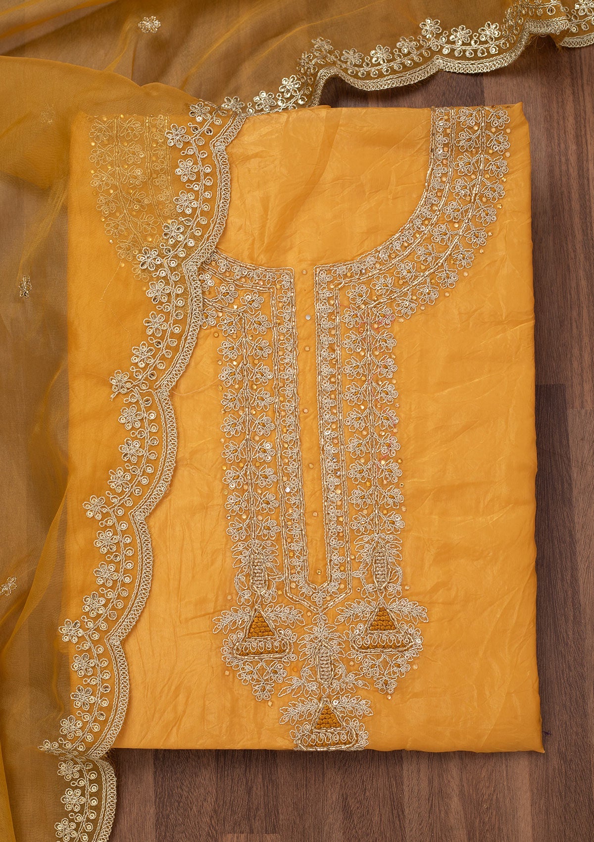Koskii Mustard Zariwork Tissue Unstitched Salwar Suit - view 5