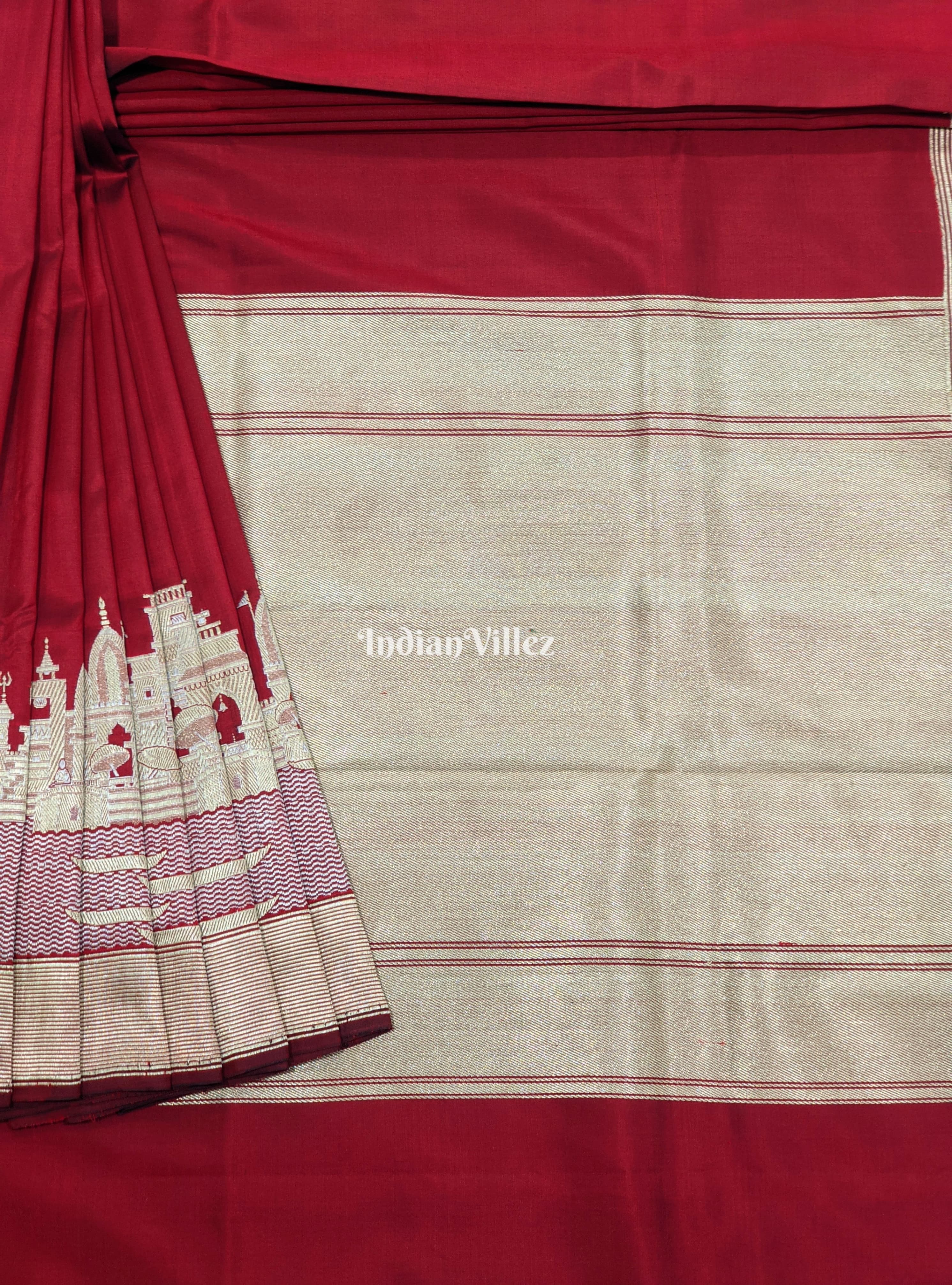 IndianVillèz Maroon Handwoven Banarasi Katan Silk Saree with Kashi Ghat Weaves