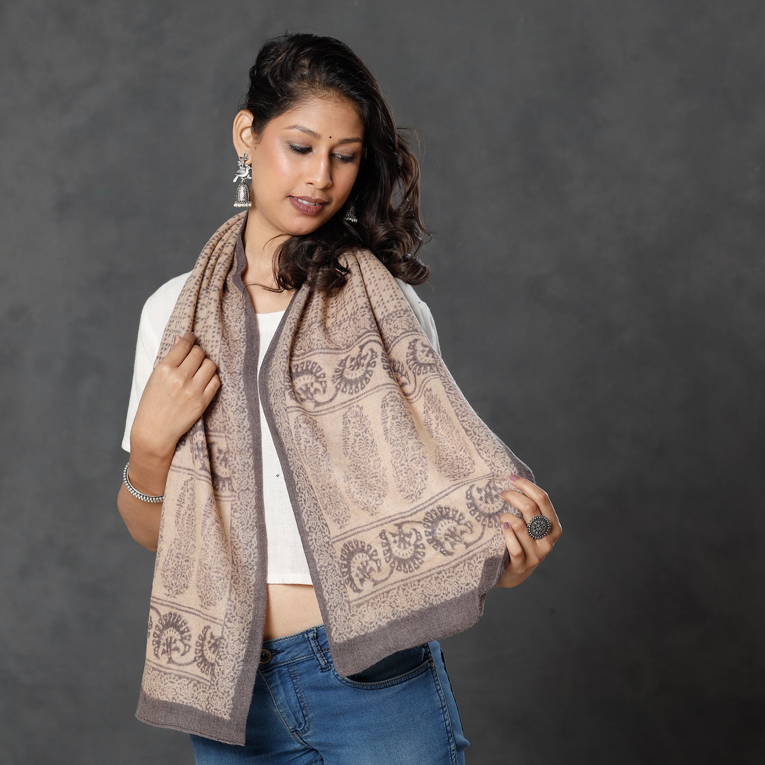 BAGH PRINTS BY MOHAMMED BILAL KHATRI Beige - Bagh Block Printed Natural Dyed Woolen Muffler (61 in)