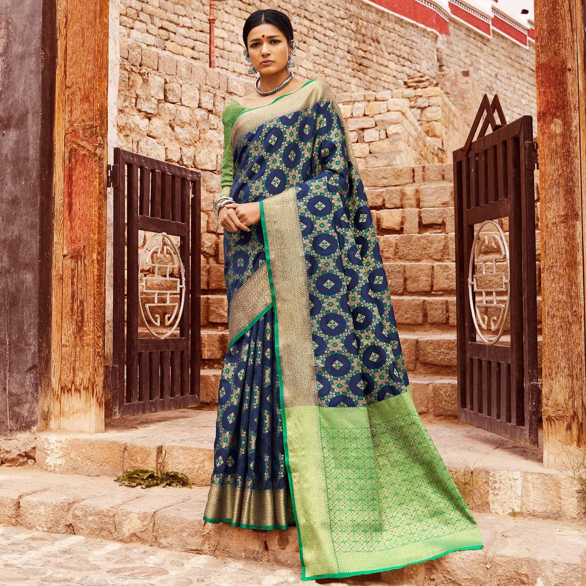 Peachmode Jazzy Navy Blue Colored Festive Wear Woven Silk Saree