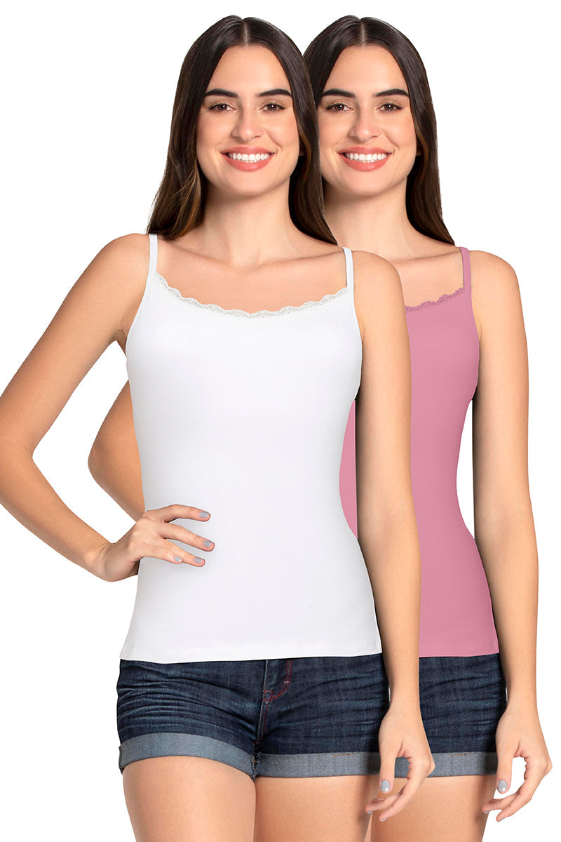 Amante Shelf Support Straight Neck Sleeveless Camisole (Pack of 2) - White_Wildrose