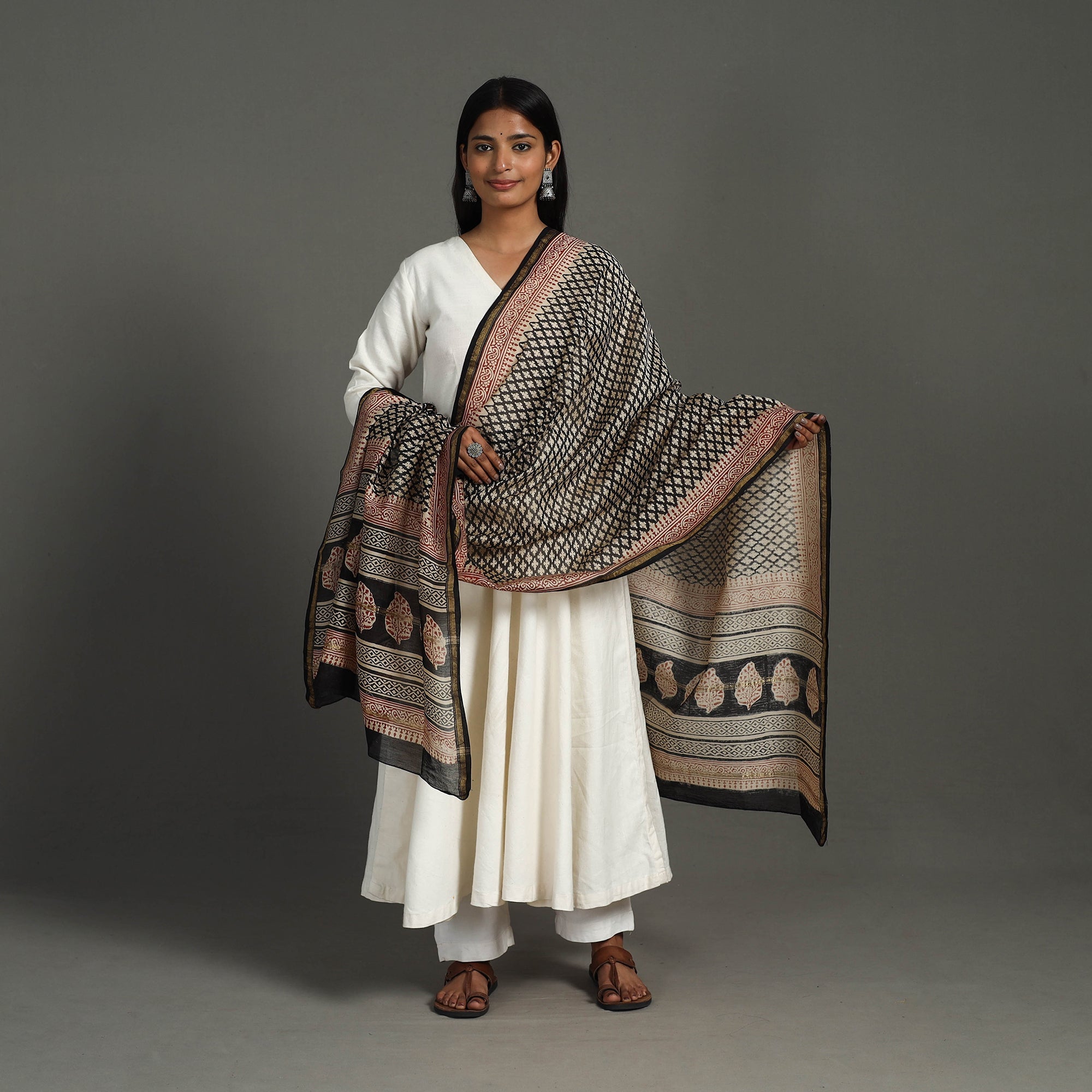 HAVELI CHRONICLES Black - Block Print Chanderi Silk Bagru Dupatta 21