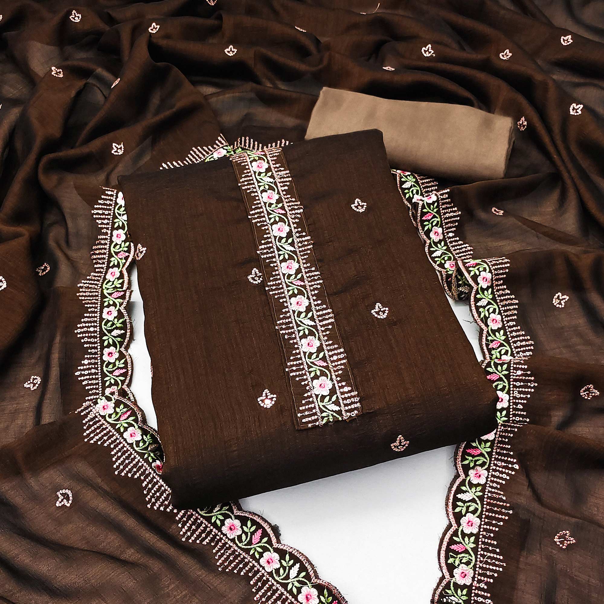 Peachmode Brown Floral Embroidered Vichitra Silk Dress Material