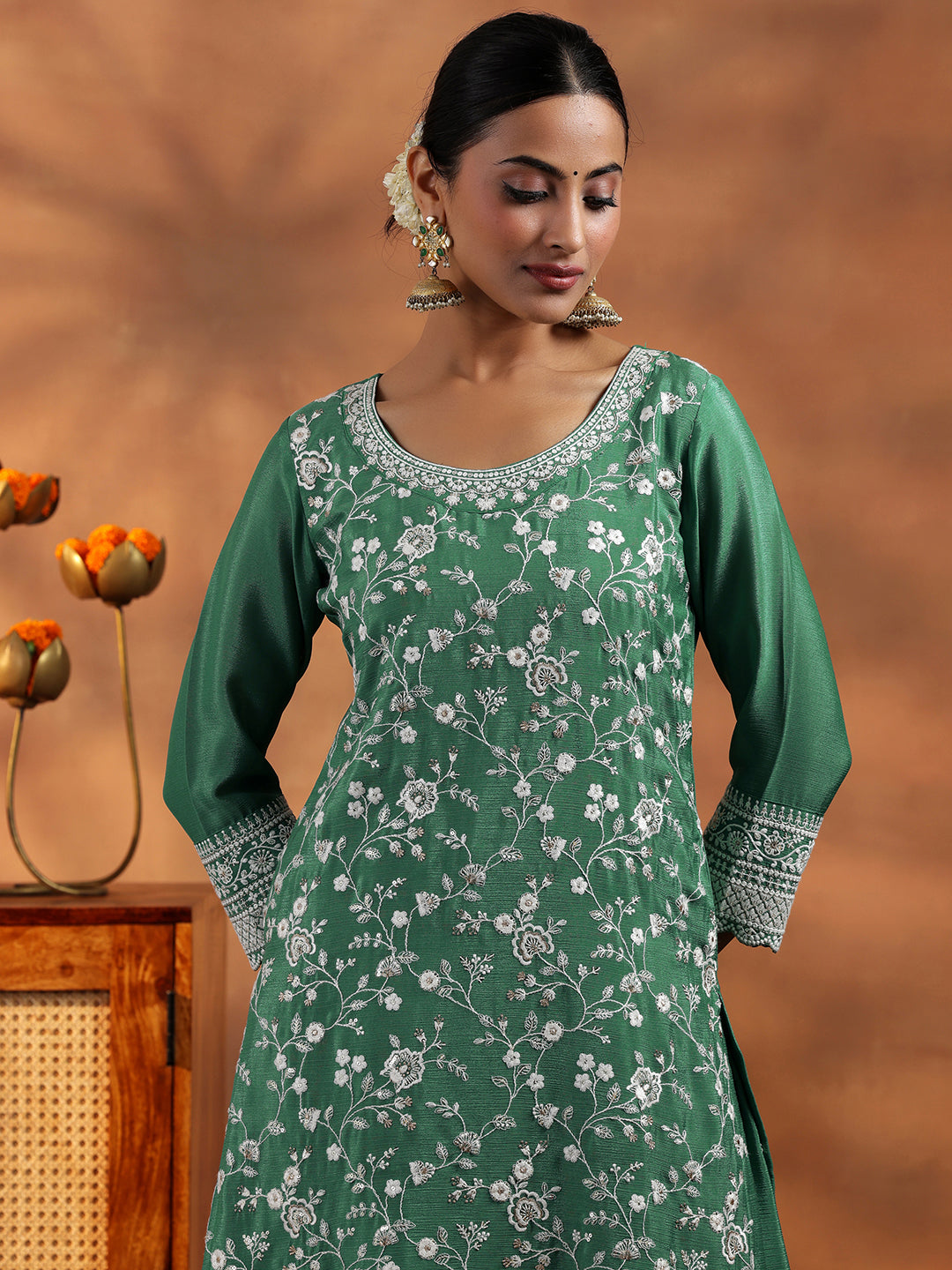 Libas Green Embroidered Silk Blend Straight Suit With Dupatta - view 5