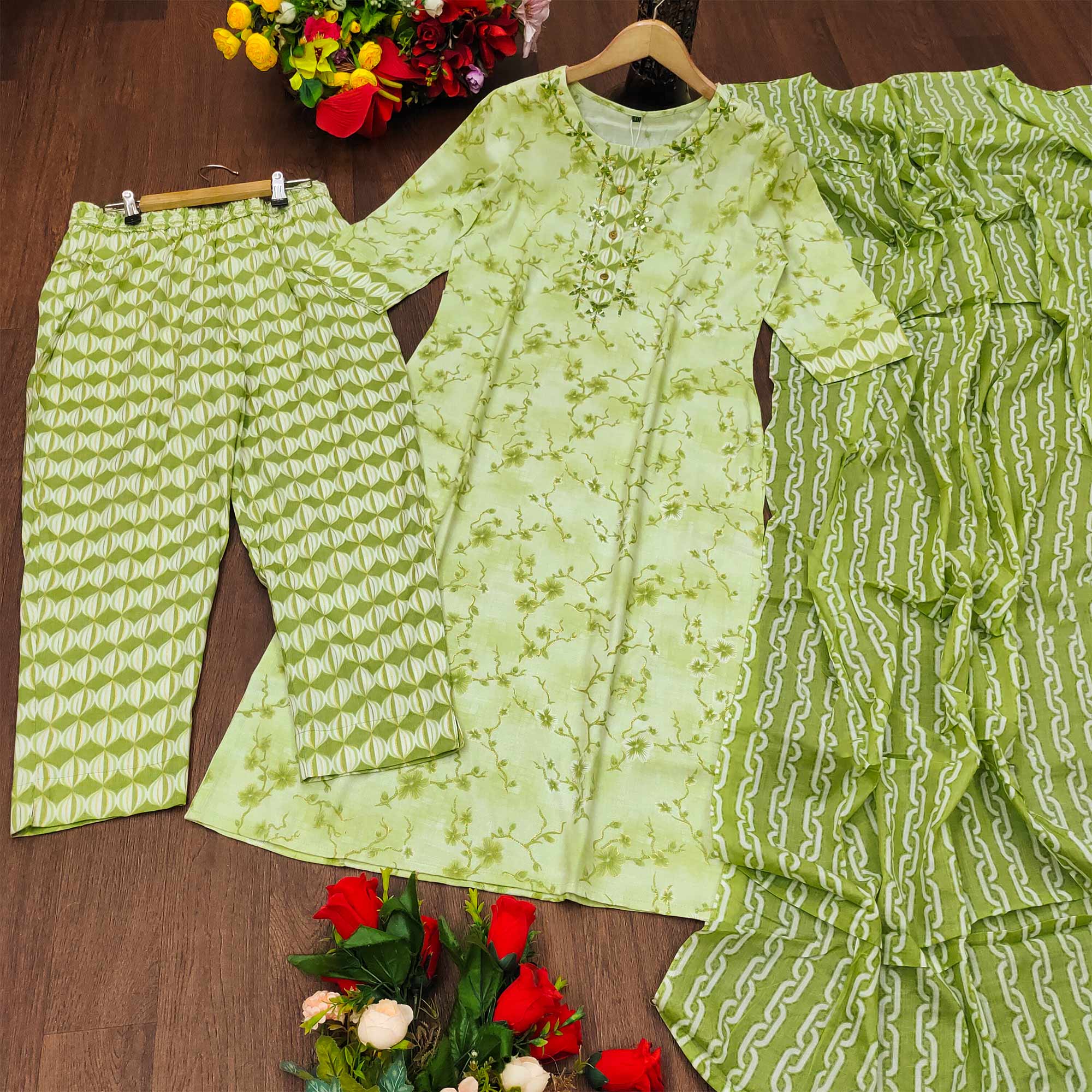 Peachmode Light Green Printed Pure Cotton Kurti Palazzo Set With Dupatta