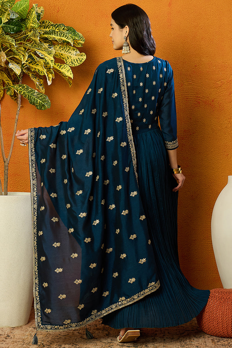 Ahika Indigo Blue Silk Blend Solid Embroidered Anarkali Style Suit Set PKSKD2060 - view 3