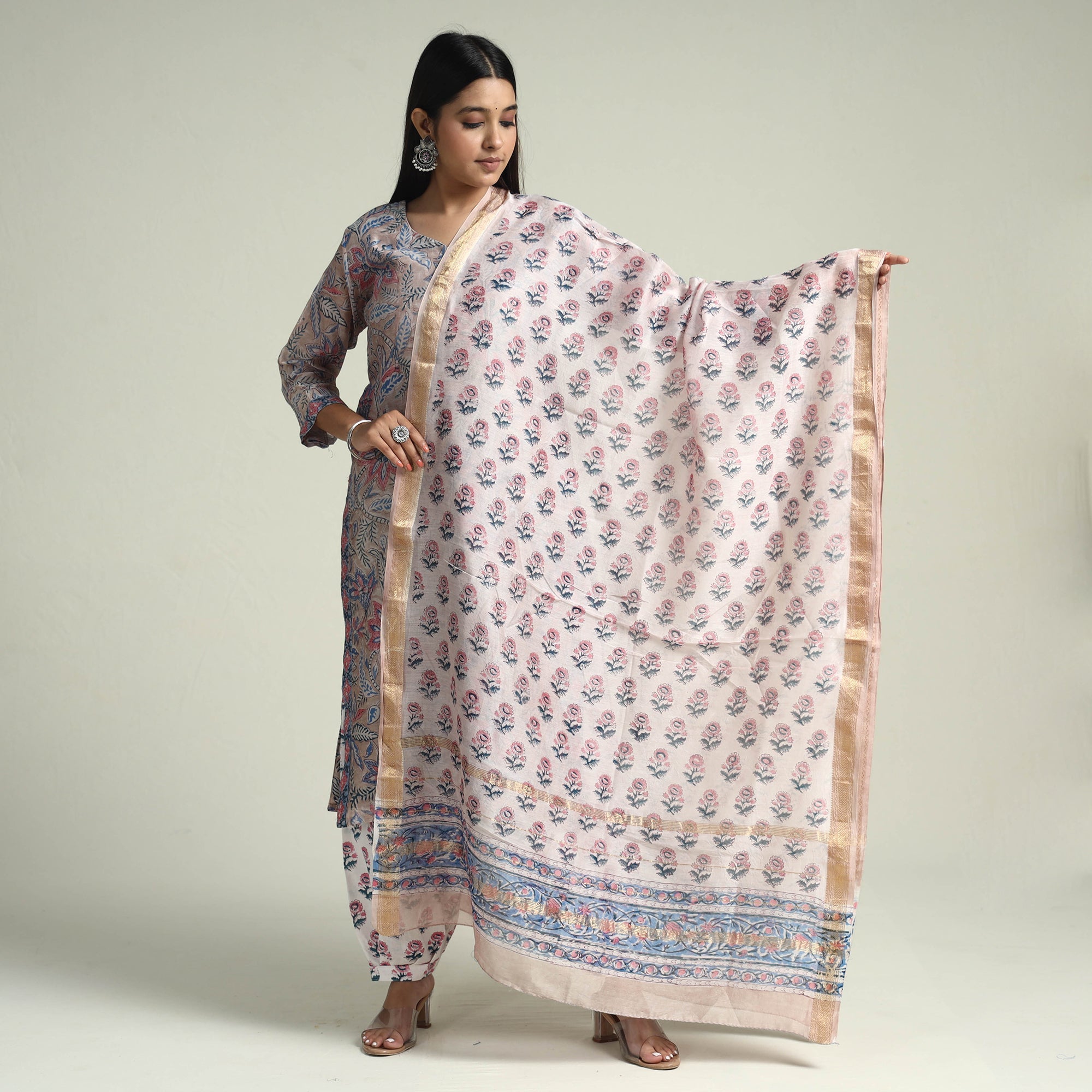 ITOKRI CASUALS Brown - Sanganeri Block Printed Maheshwari Silk Kurta with Palazzo & Dupatta Set - view 2