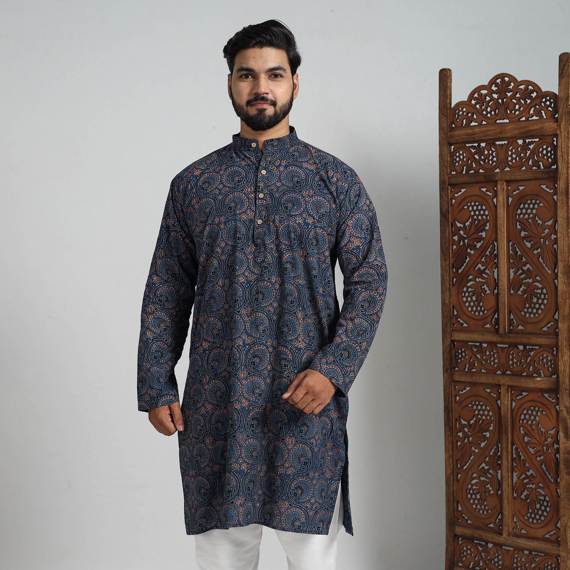 ITOKRI CASUALS Ajrakh Block Printed Cotton Men Long Kurta 19 - view 3