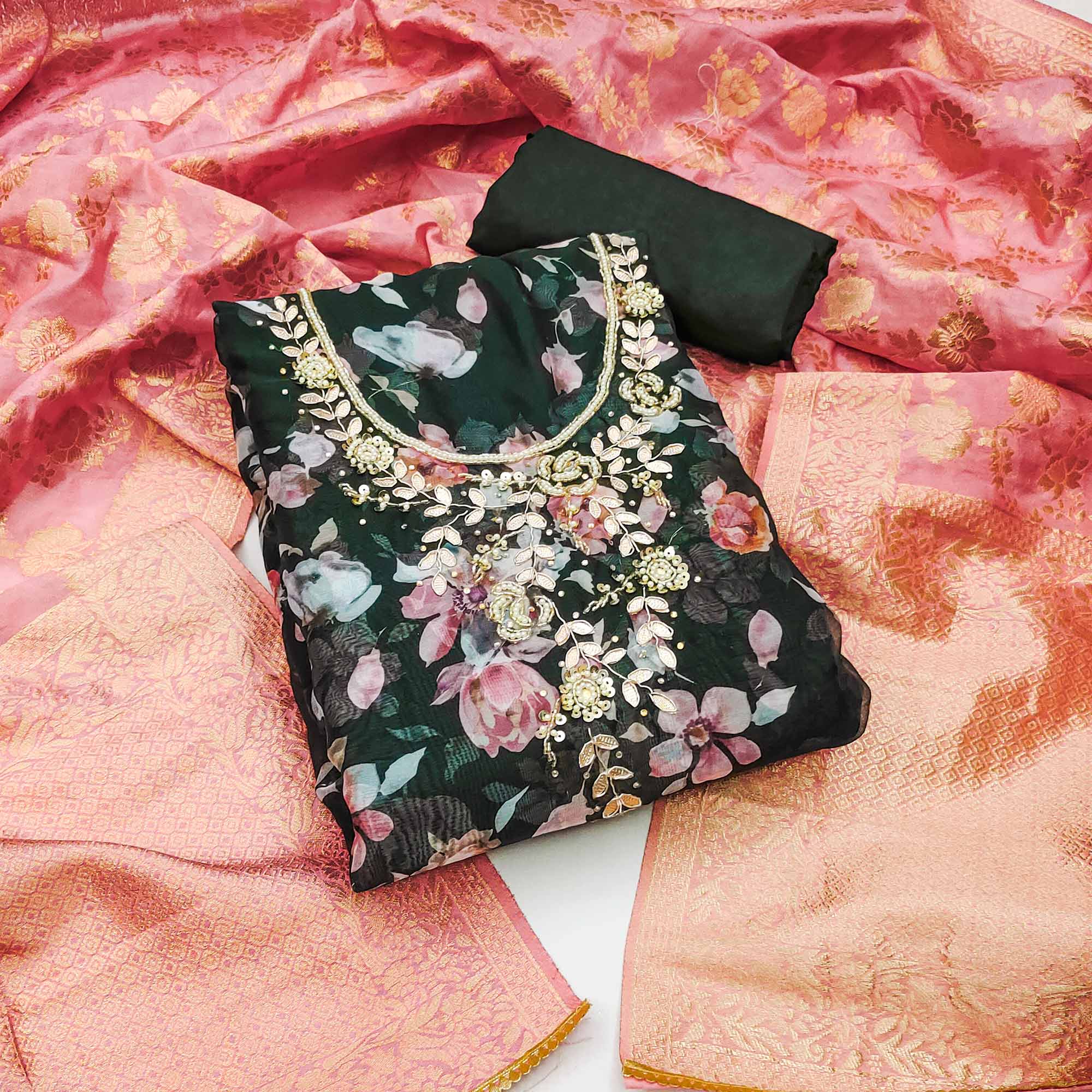 Peachmode Dark Green Floral Printed Organza Dress Material