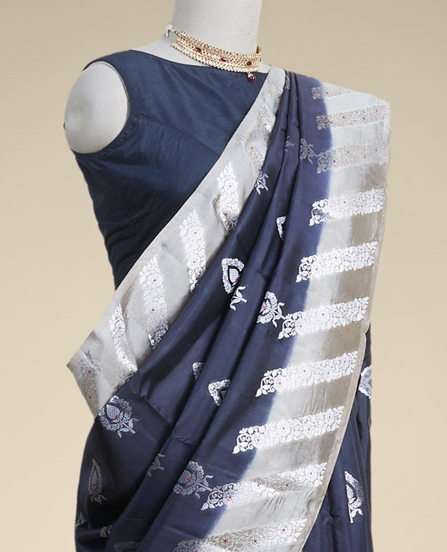 Pothys Black leaf motifs dupion silk saree with contrast striped floral zari design border