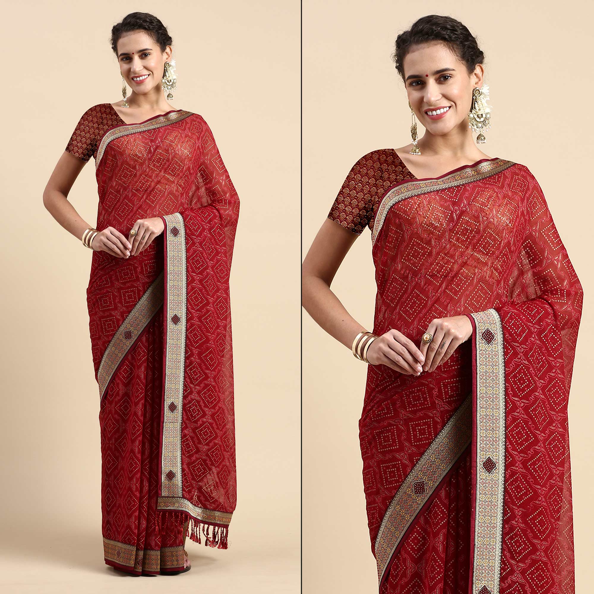 Peachmode Maroon Foil Printed With Fancy Border Chiffon Saree