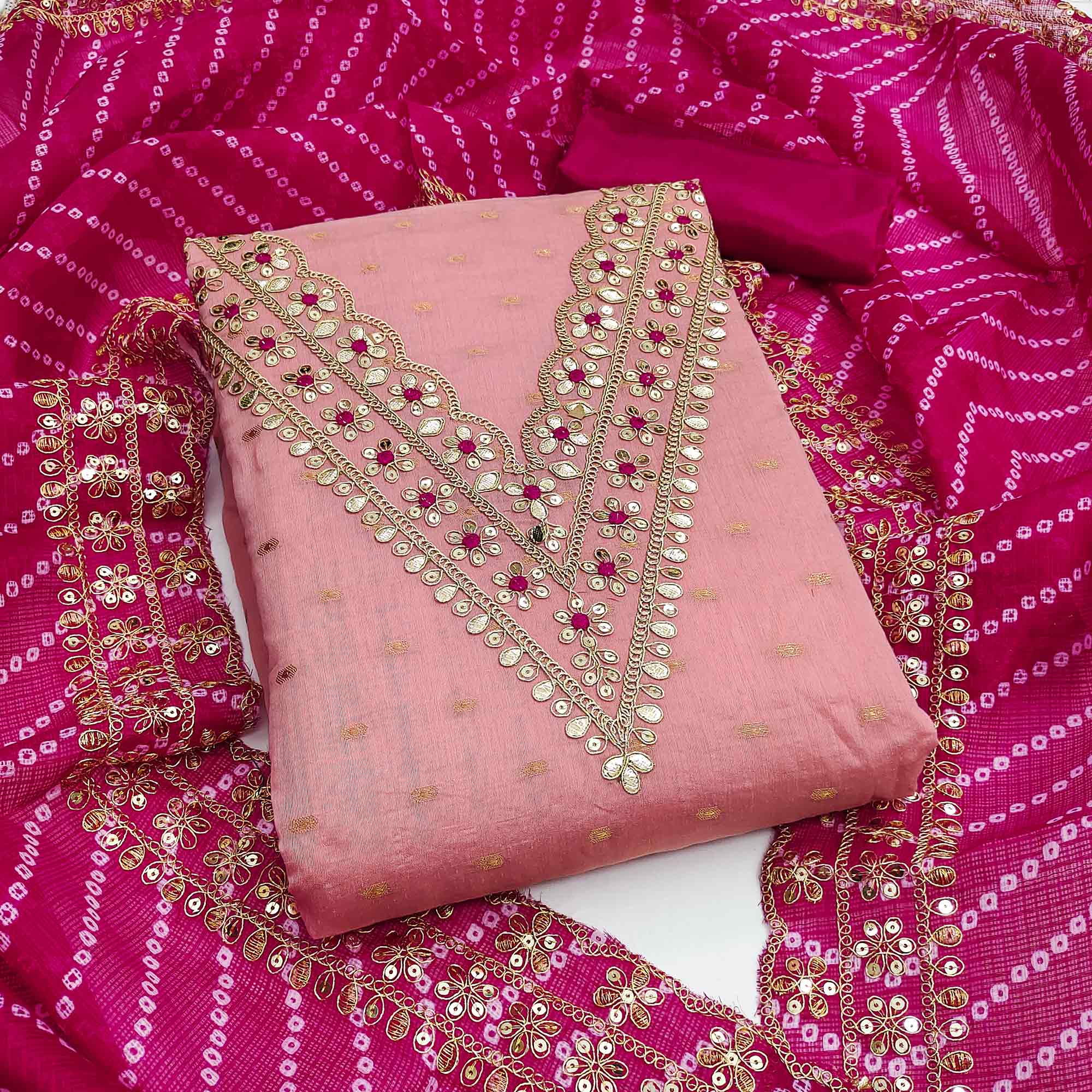 Peachmode Pink Woven With Sequins Embroidered Modal Chanderi Silk Dress Material