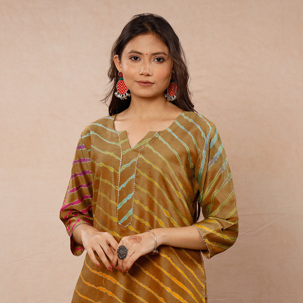 ITOKRI CASUALS Brown - Leheriya Tie-Dye Chanderi Silk Long Straight Kurta
