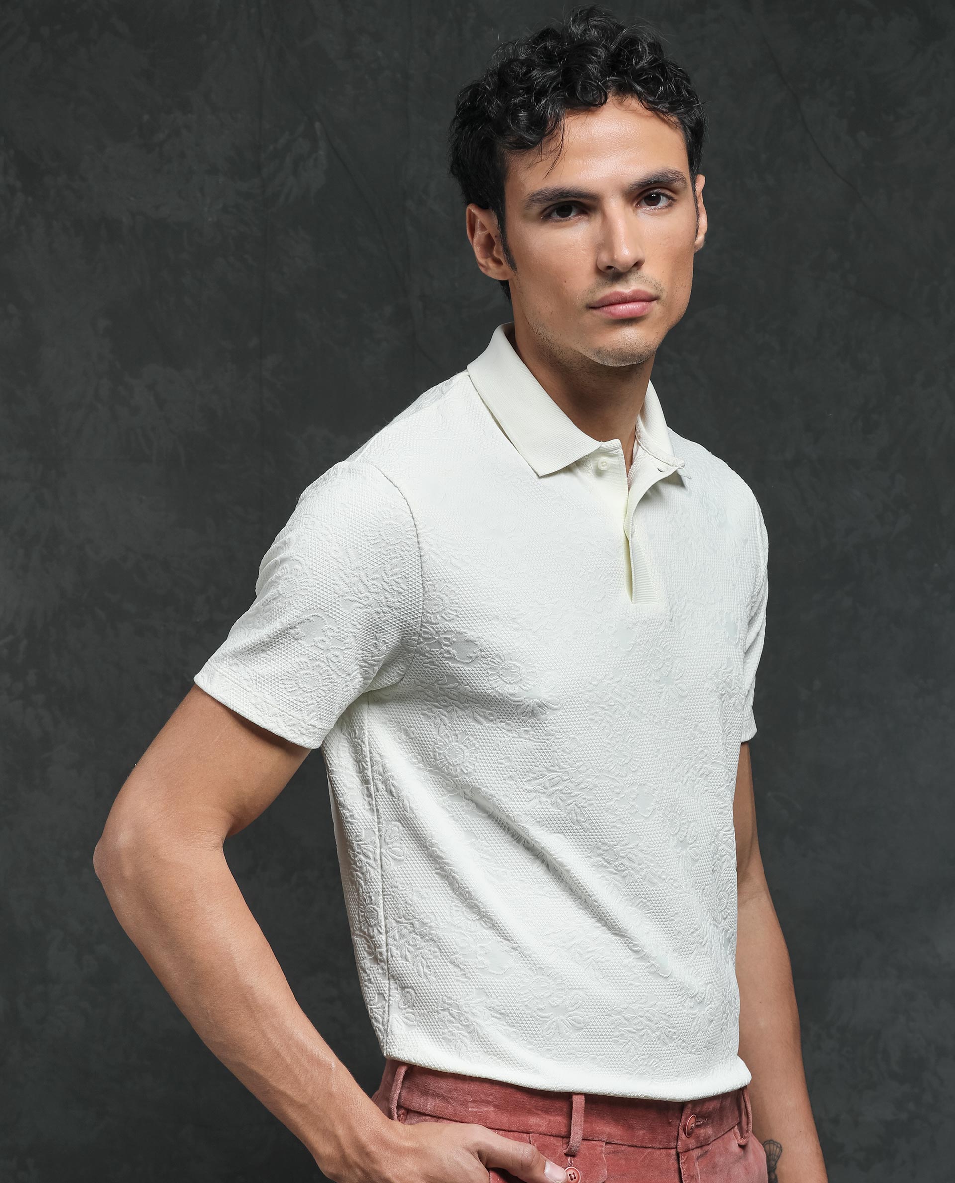 Rare Rabbit Men's Criuse Off-White Polyester Fabric Collared Neck Half Sleeve Floral Jacquard Polo T-Shirt - view 5