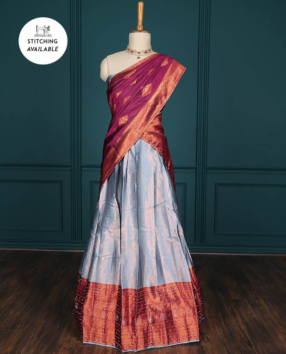 Pothys Blue jacquard artsilk half saree,contrast traditional design zari stone work border, blouse & contrast intricate dhavani