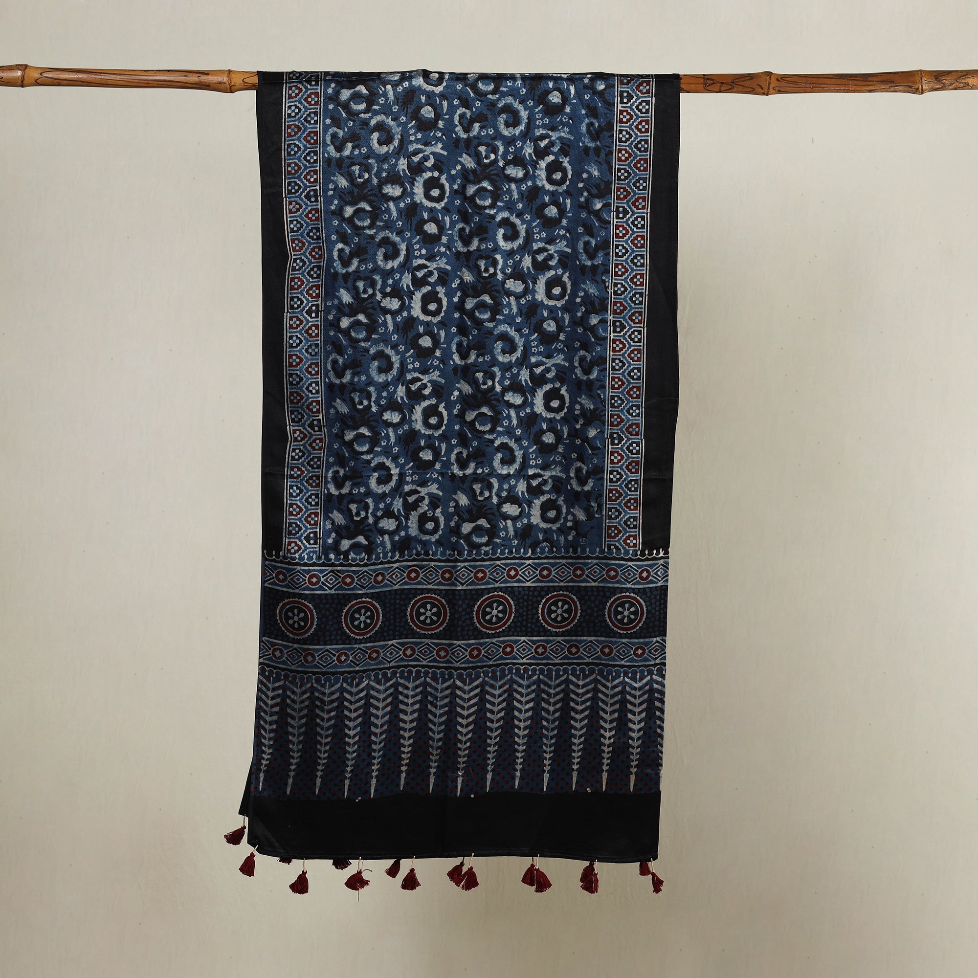 RIYAZ ABDULMAJID KHATRI - AJRAKH Blue - Ajrakh Hand Block Printed Mashru Silk Stole with Tassels - view 2