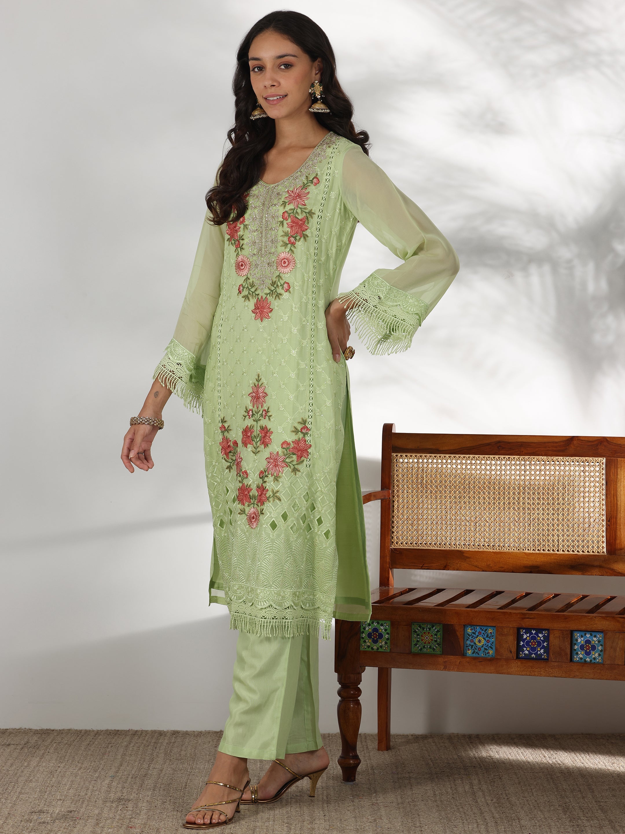 Libas Green Embroidered Organza Straight Suit With Dupatta - view 3