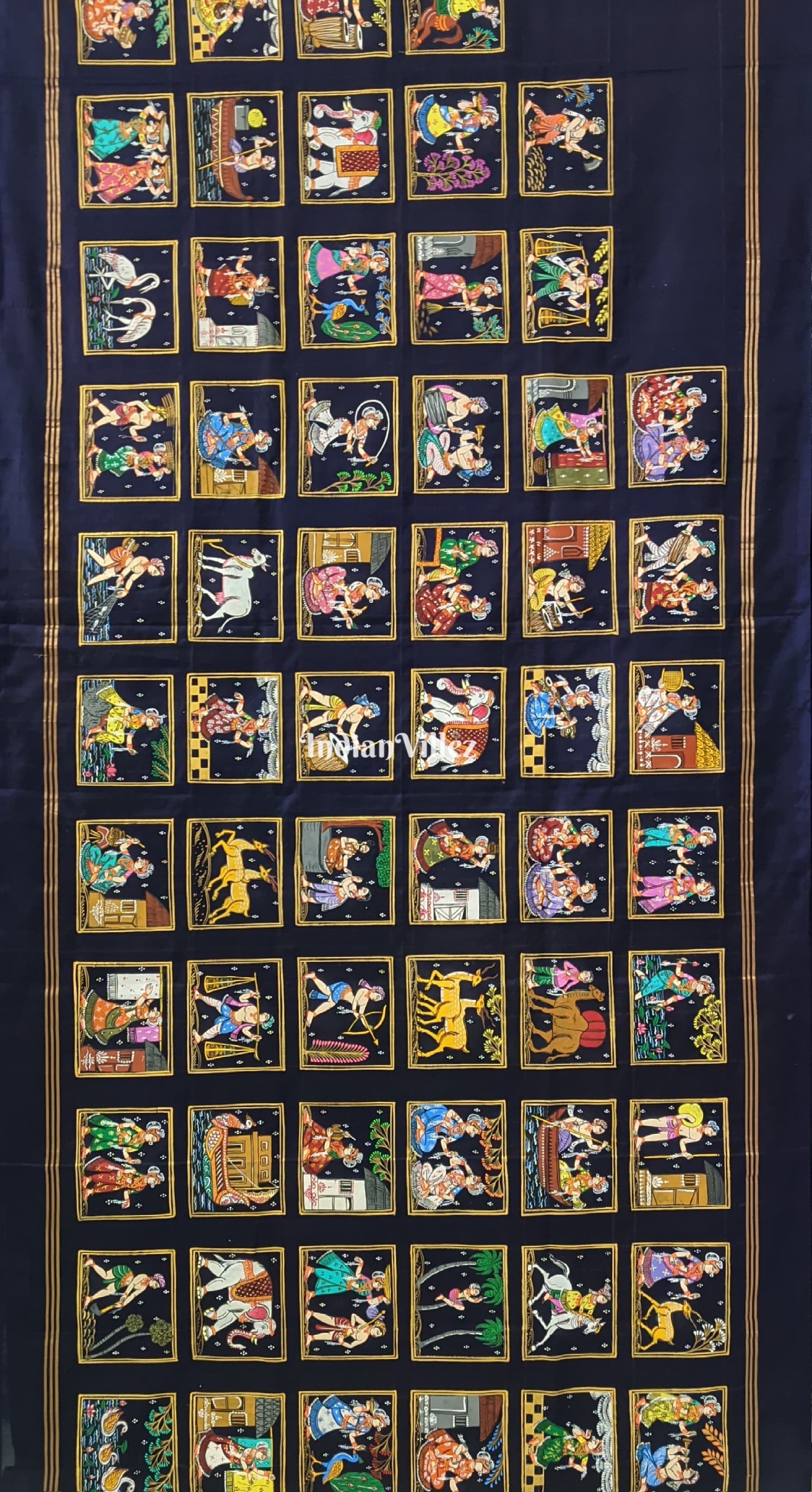 IndianVillèz Navy Blue & Parrot Green Radha Krishna Village Theme Pattachitra Saree - view 2
