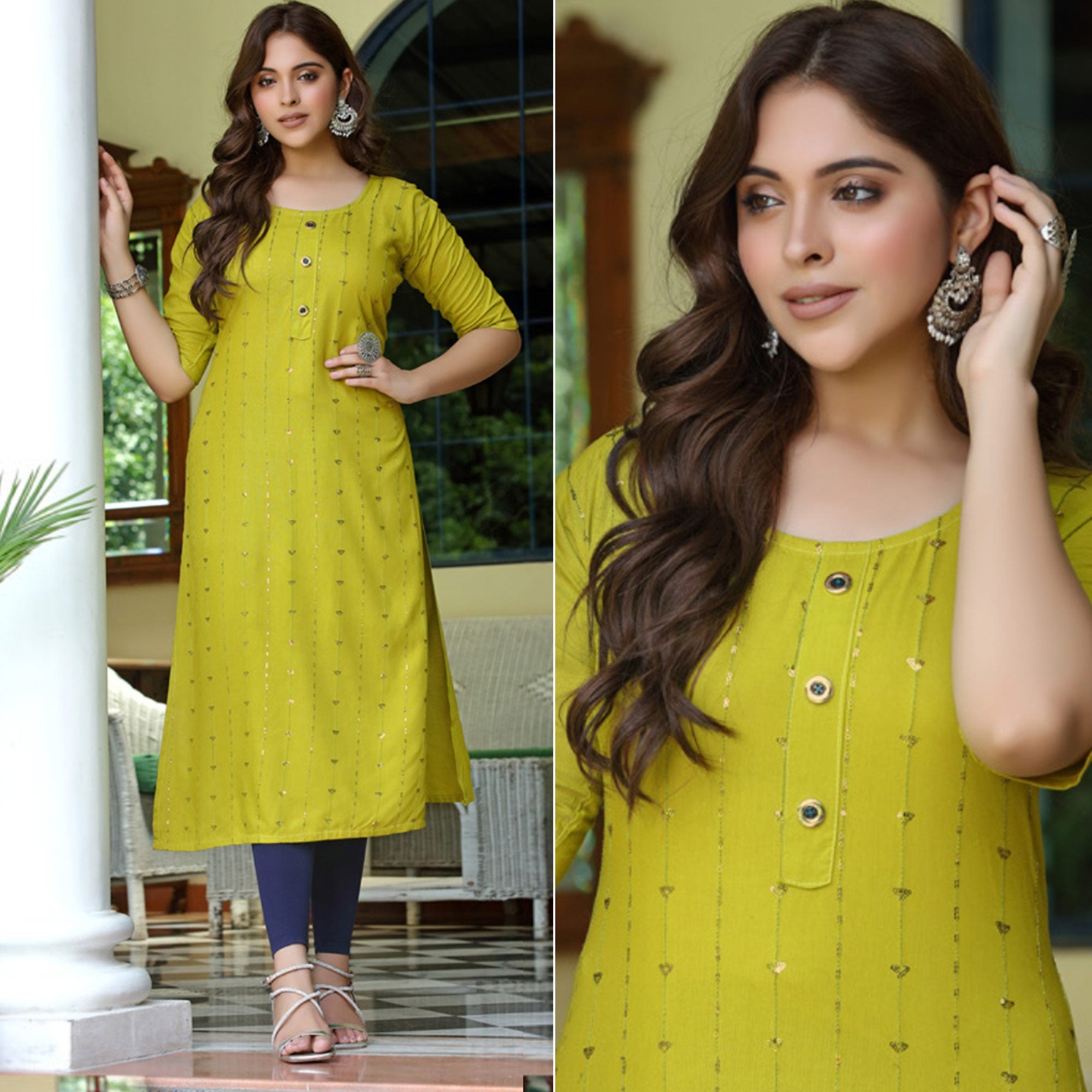 Peachmode Seller Lemon Green Embroidered Rayon Kurti