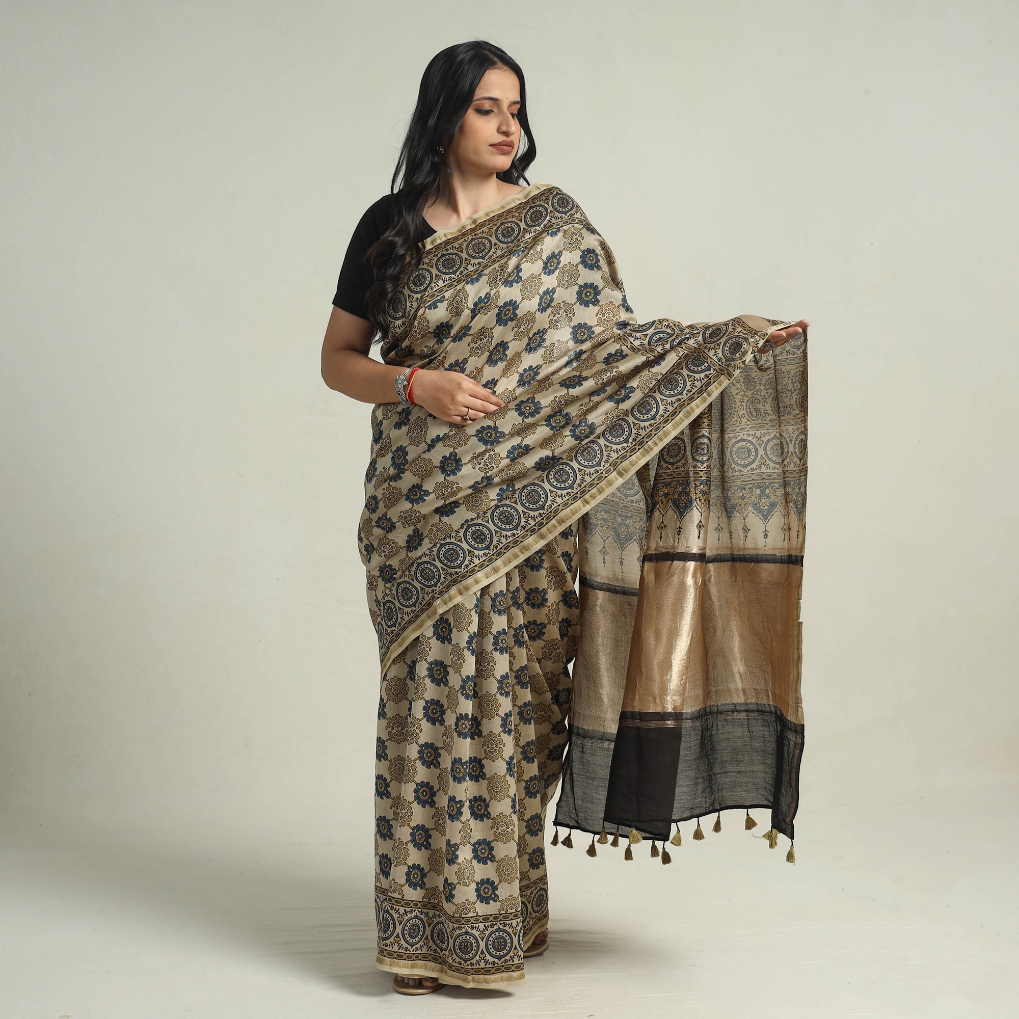 AJRAKH BY JABBAR KHATRI Beige - Chanderi Silk Block Printed Ajrakh Saree 10 - view 2
