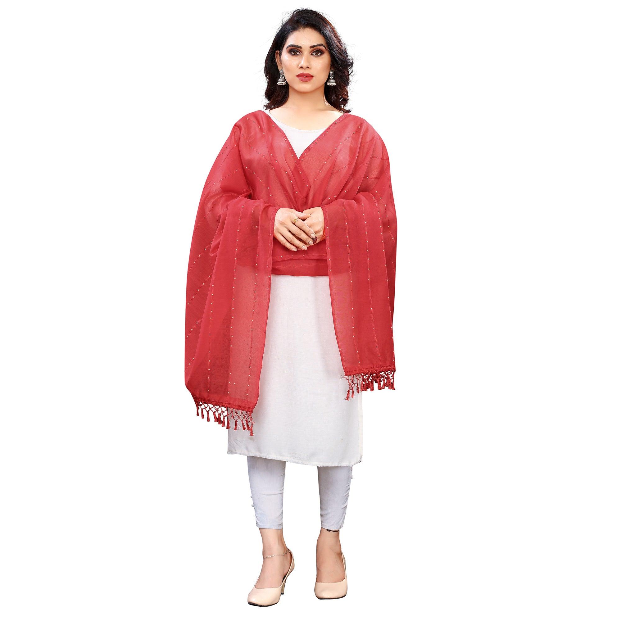Peachmode Seller Maroon Stripes Woven Sequins Festive Wear Cotton Silk Dupatta