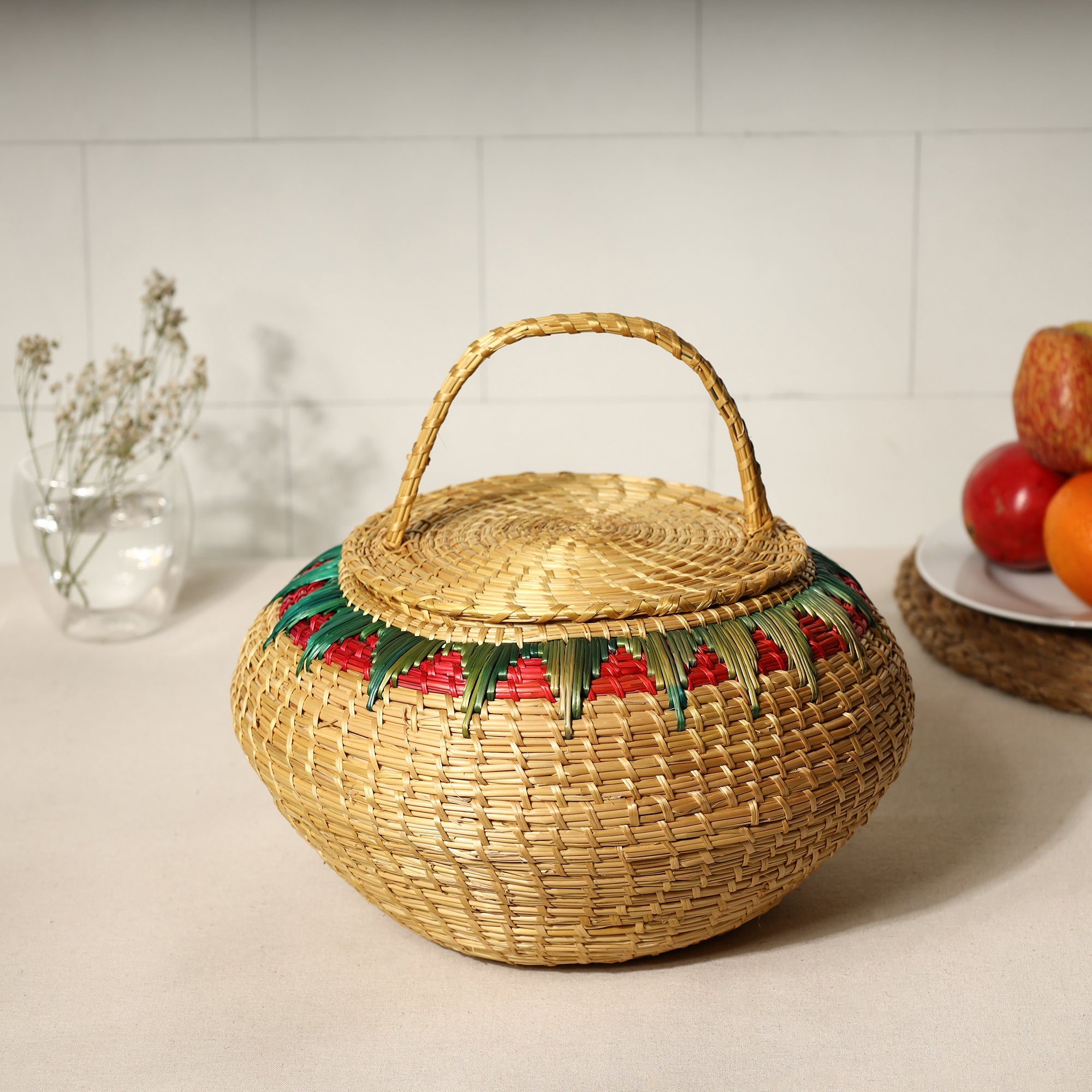 ITOKRI CRAFTS INITIATIVE Beige - Handmade Sikki Grass Multipurpose Basket with Lid (Big)