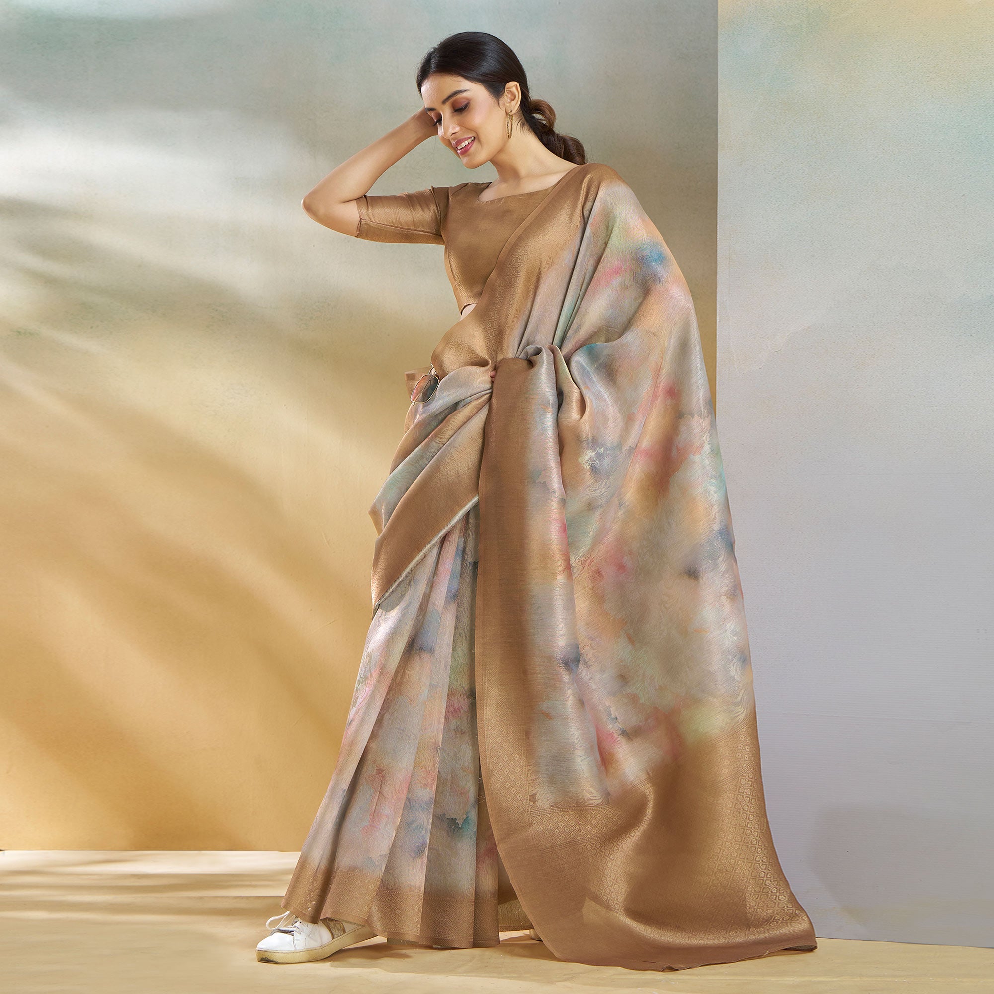 Peachmode Chikoo Woven With Digital Printed Linen Saree - view 2