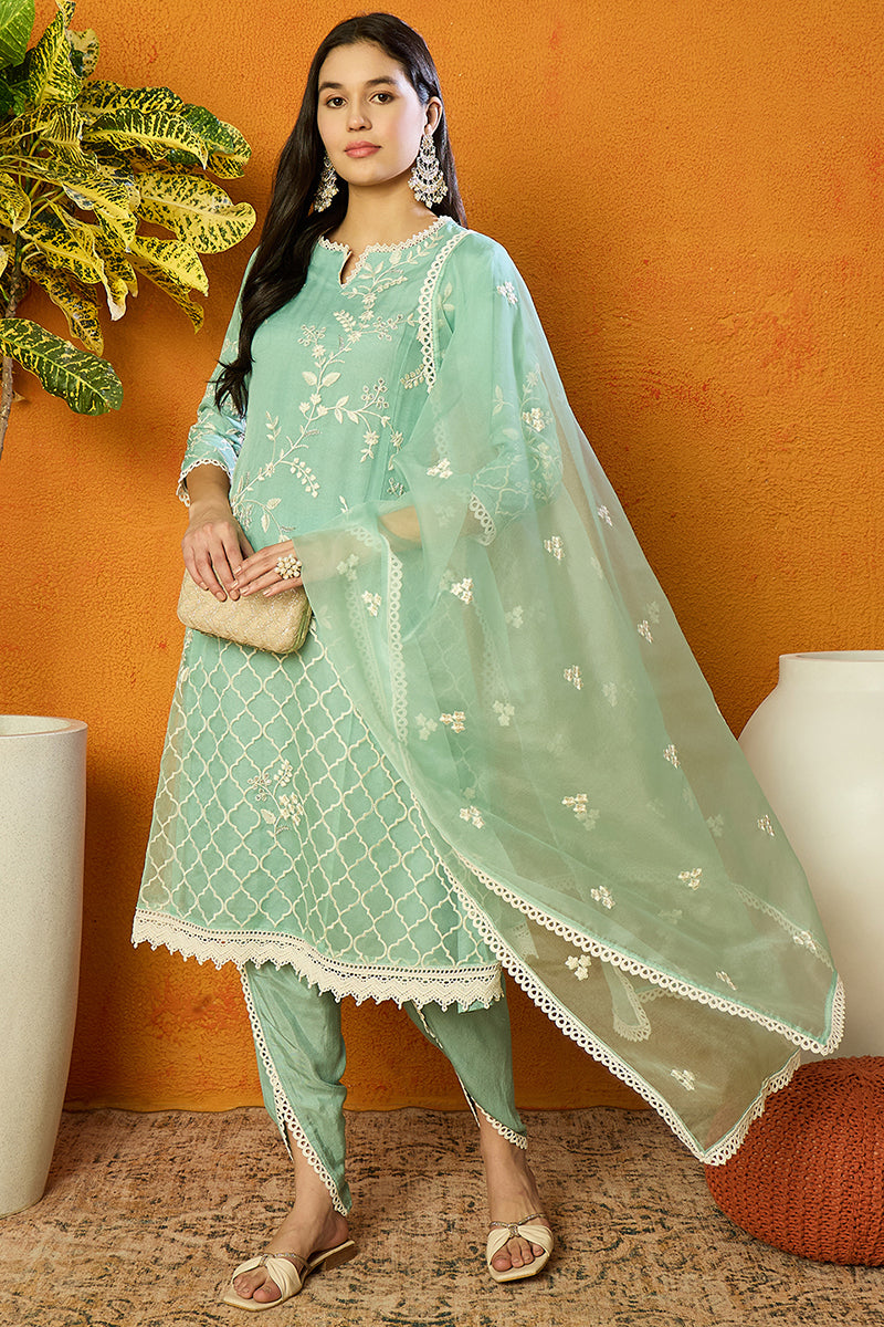 Ahika Sea Green Organza Solid Embroidered A-Line Dhoti Style Suit Set PKSKD2438